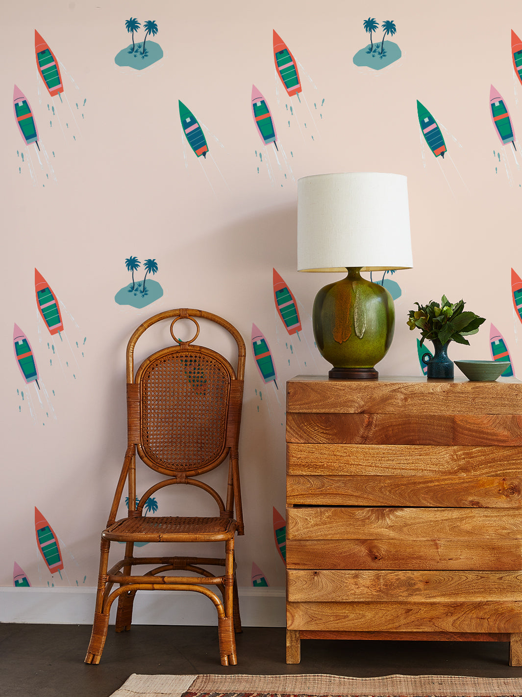 Tea Collection 'Island Boats' Peach Wallpaper - Tropical Nautical Decor for Beach House, Bathroom & Nursery