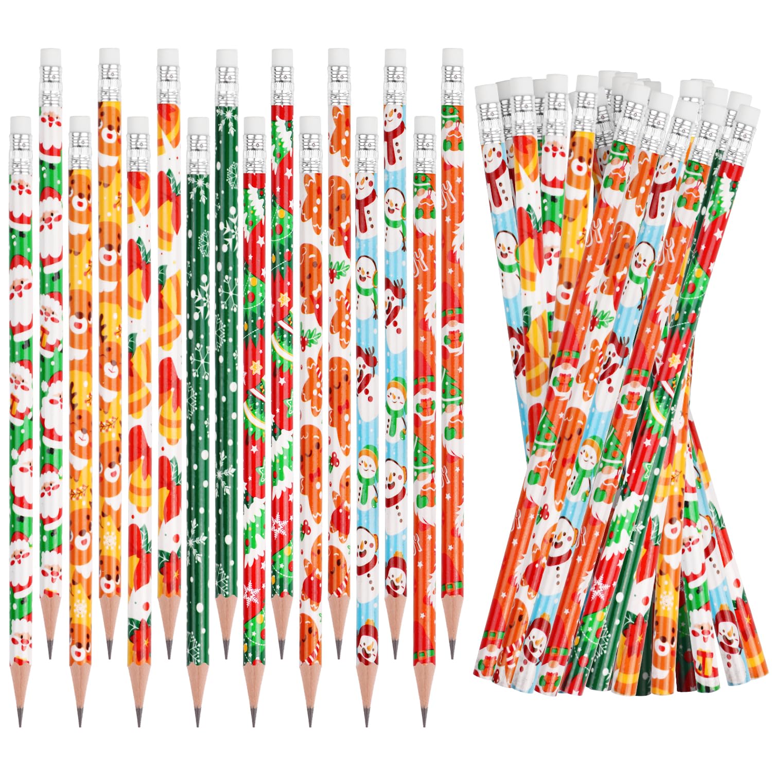 32pcs Christmas Pencils with Eraser - Santa Claus, Elk, Tree & Snowflake Designs for Kids Holiday Party Supplies (8 Styles) | Perfect for Classroom Gifts, Stocking Stuffers & Christmas Crafts