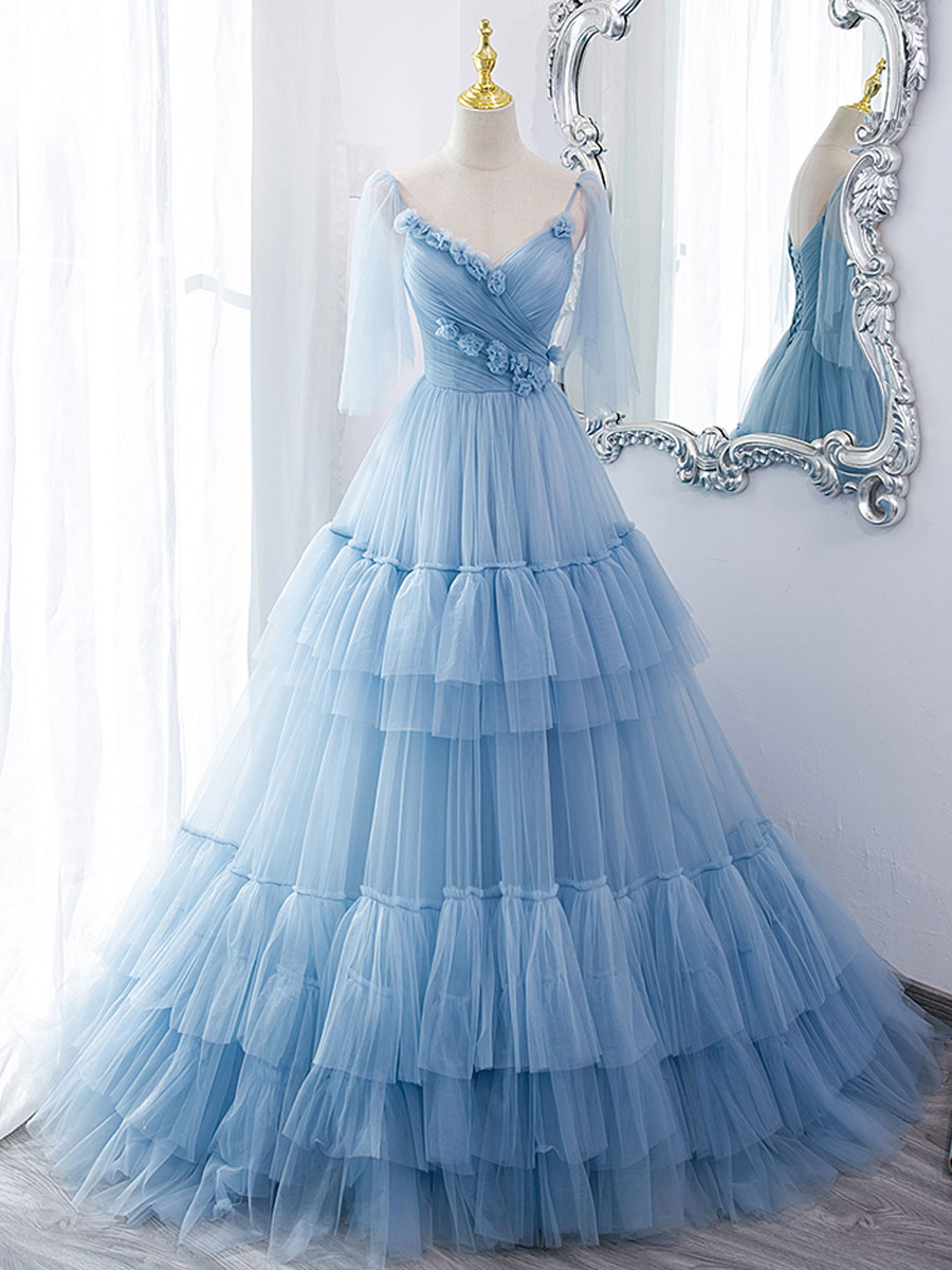 Elegant Blue V-Neck Tulle Long Prom Dress for Women - Formal Evening Gown for Homecoming, Ball, and Special Occasions