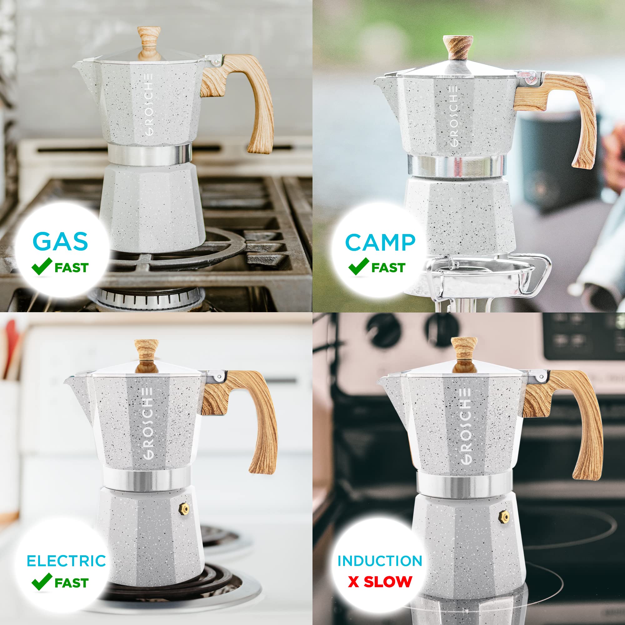 GROSCHE Milano Moka Pot - 6 Cup Stovetop Espresso Maker, Italian Coffee Percolator for Home & Office - Perfect for Camping, Travel & Gifts (Grey)