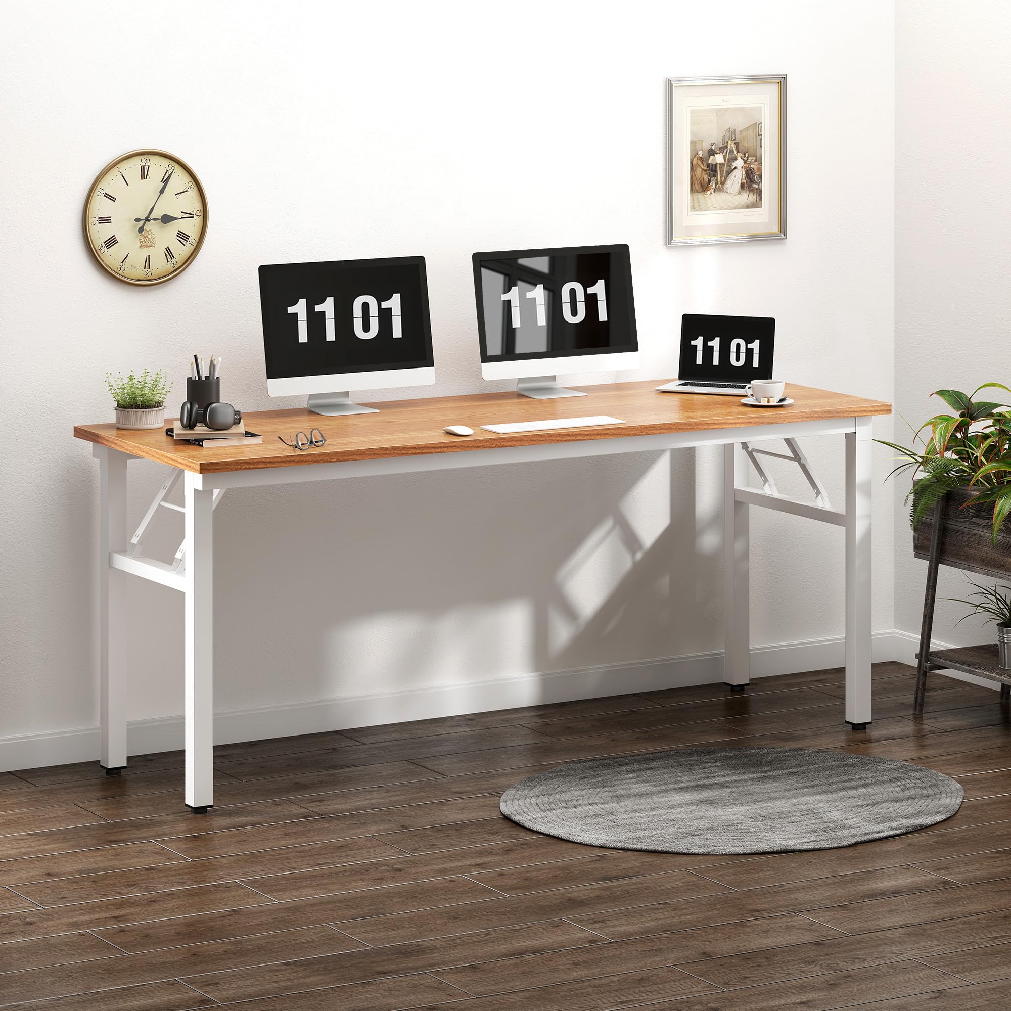 62 Inch BIFMA Certified Folding Computer Desk - Teak White Office Workstation & Conference Table for Home Office, Gaming Setup & Small Business Workspace