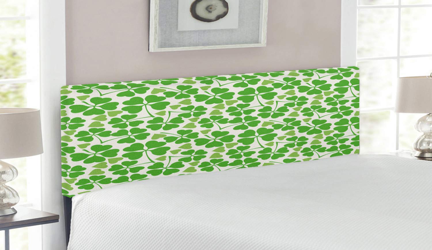 Ambesonne Irish Headboard - Gaelic Nature Garden Theme with Spring Clovers & Hearts, Upholstered Decorative Metal Bed Frame with Memory Foam, Queen Size, Lime Green Pistachio | Perfect for St. Patrick's Day Decor, Irish-Themed Bedroom, or Nature-Inspired Home Design