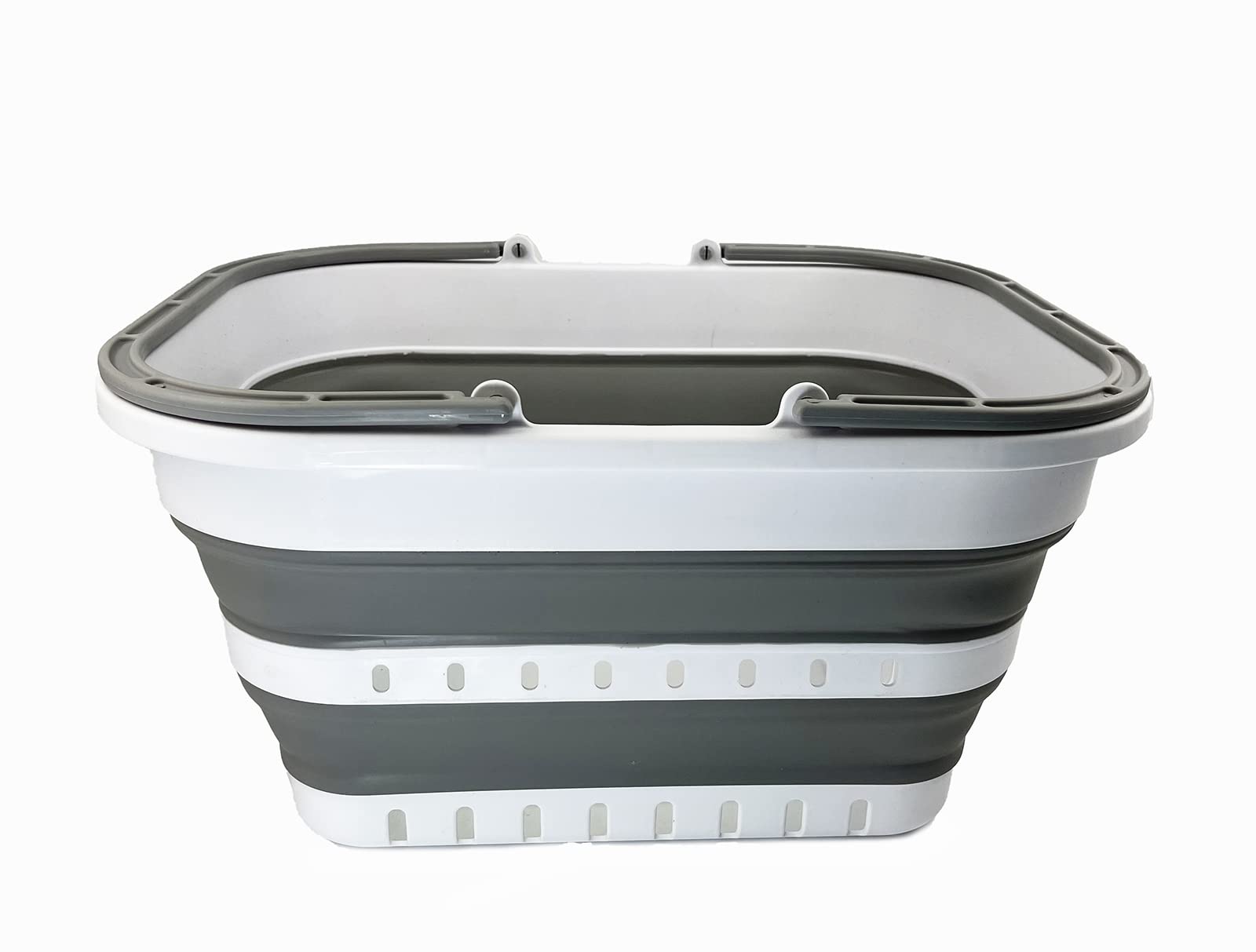 SAMMART 19L Collapsible Shopping Basket - Foldable Laundry Basket for Home & Travel - Portable Picnic Basket for Camping, Beach & Outdoor Activities - Compact Storage Organizer (White/Grey)