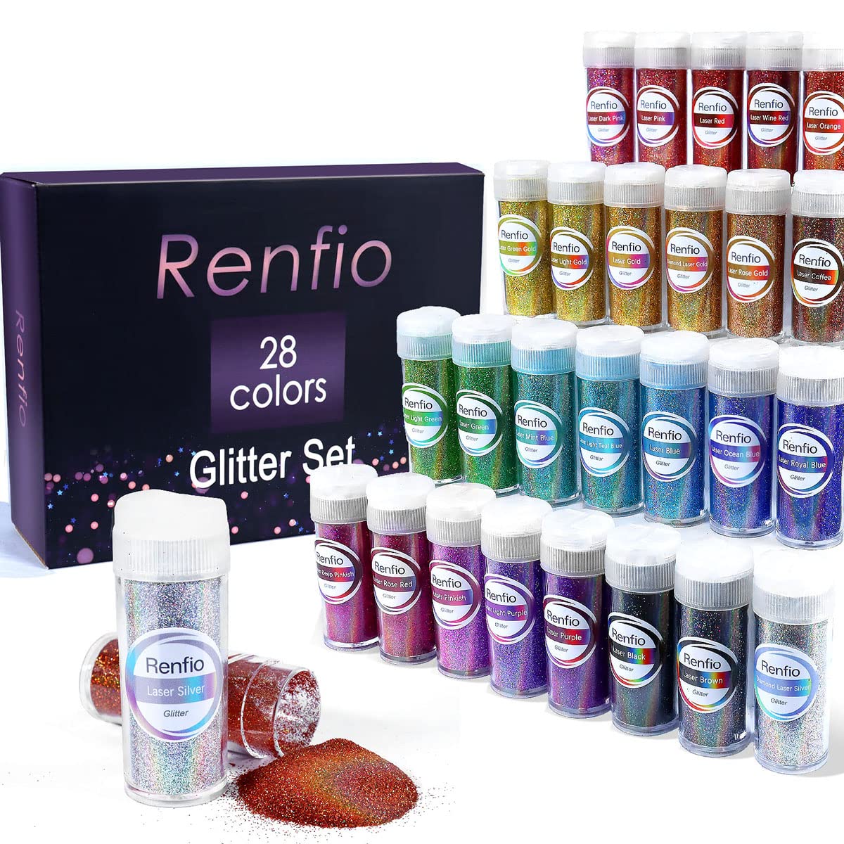 Renfio 28 Colors Holographic Glitter Set - 14.81oz (420g) Ultra Fine Glitter Powder PET 0.2mm for Nail Art, Resin Crafts, Tumblers, Slime & Hair - Perfect for DIY Projects, Epoxy Resin Jewelry, Cosmetic Decorations & Party Supplies