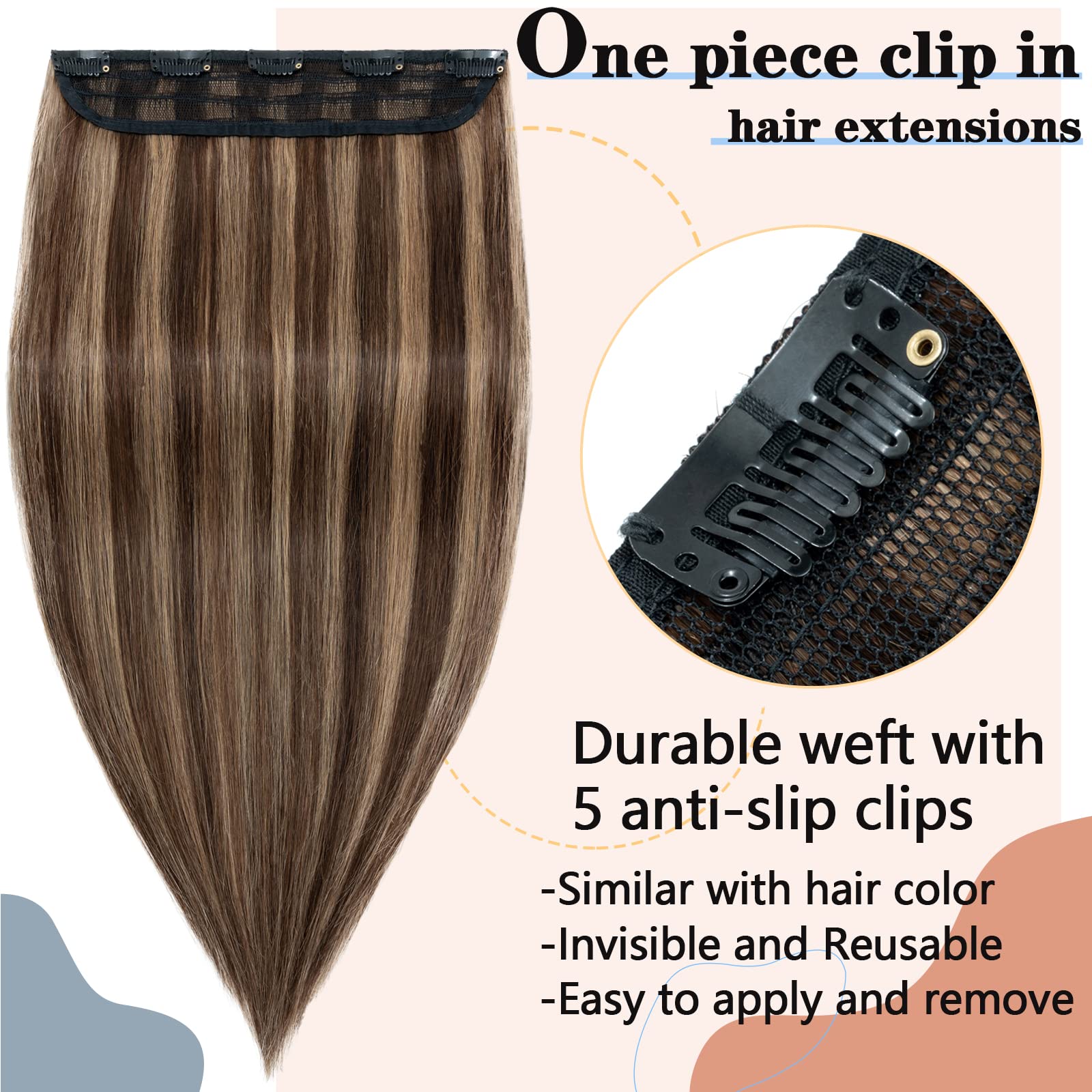 S-noilite Clip in Human Hair Extensions 100% Real Human Hair - Balayage Highlights, 20 Inch, 95g (#4/27 Medium Brown/Dark Blonde) - 5 Clips for Full Head Coverage & Natural Volume - Perfect for Daily Styling, Parties & Special Occasions