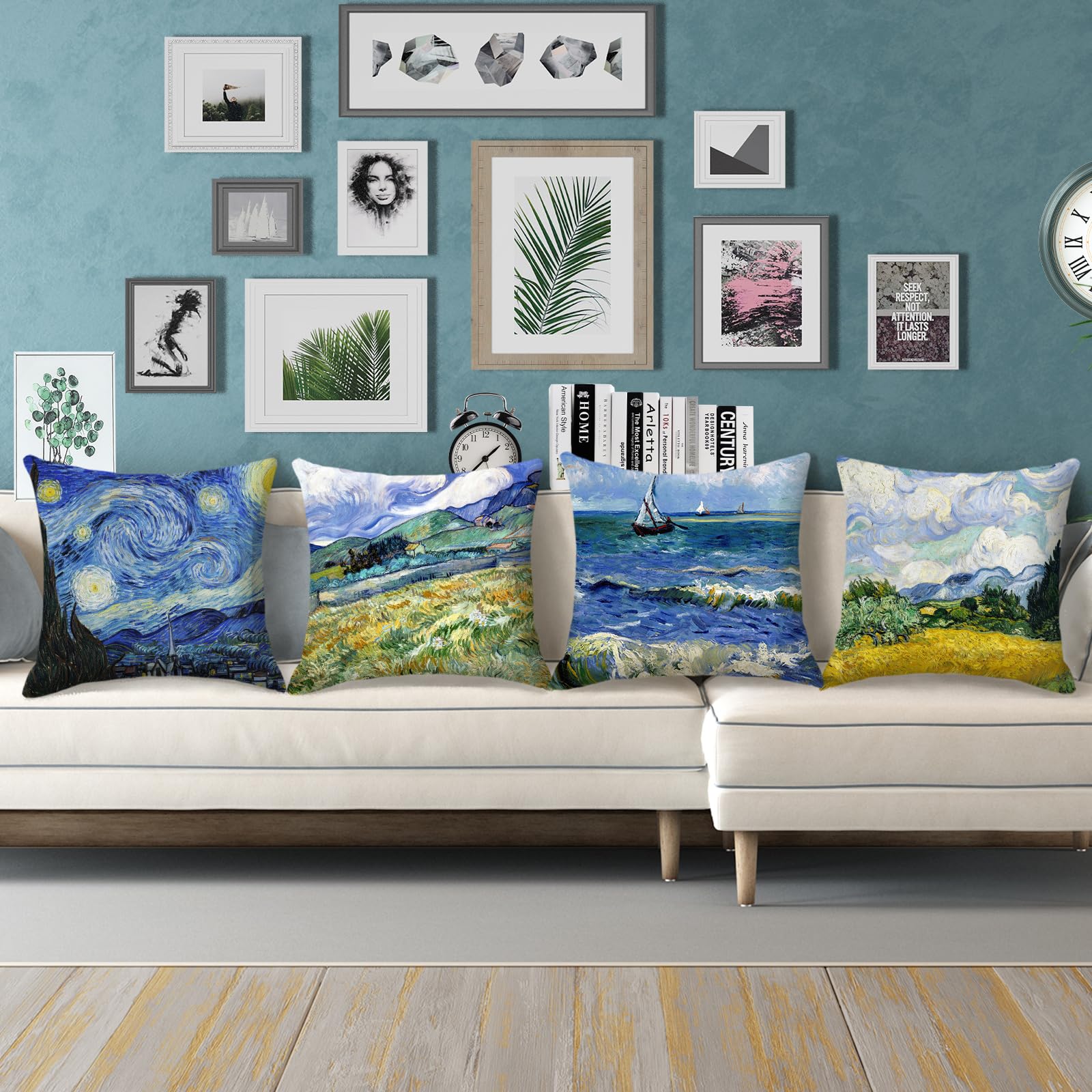 Van Gogh Starry Night Pillow Covers Set of 4 - 16x16 Inch Square Decorative Cushion Covers for Sofa, Couch & Bed - Inspired by Sea Starry Night Art Design (40x40 cm) - Perfect for Living Room, Bedroom & Home Decor