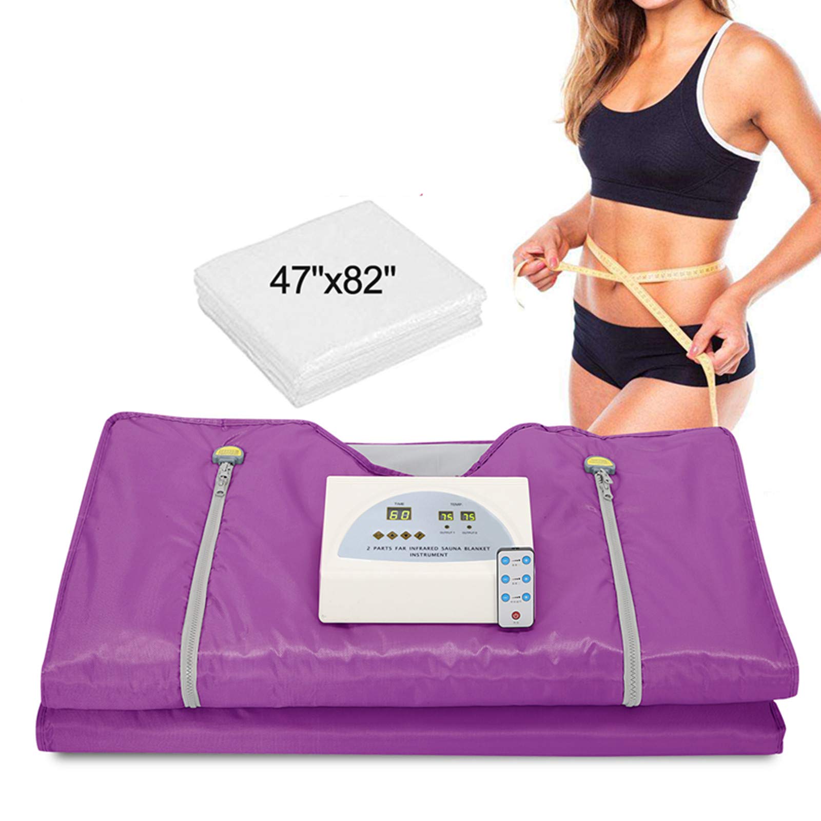 Far Infrared Sauna Blanket with 2-Zone Digital Heating - XL Zipper Style Purple Detox Therapy Blanket | Includes 50 Plastic Sheets for Home Spa, Weight Loss & Muscle Recovery