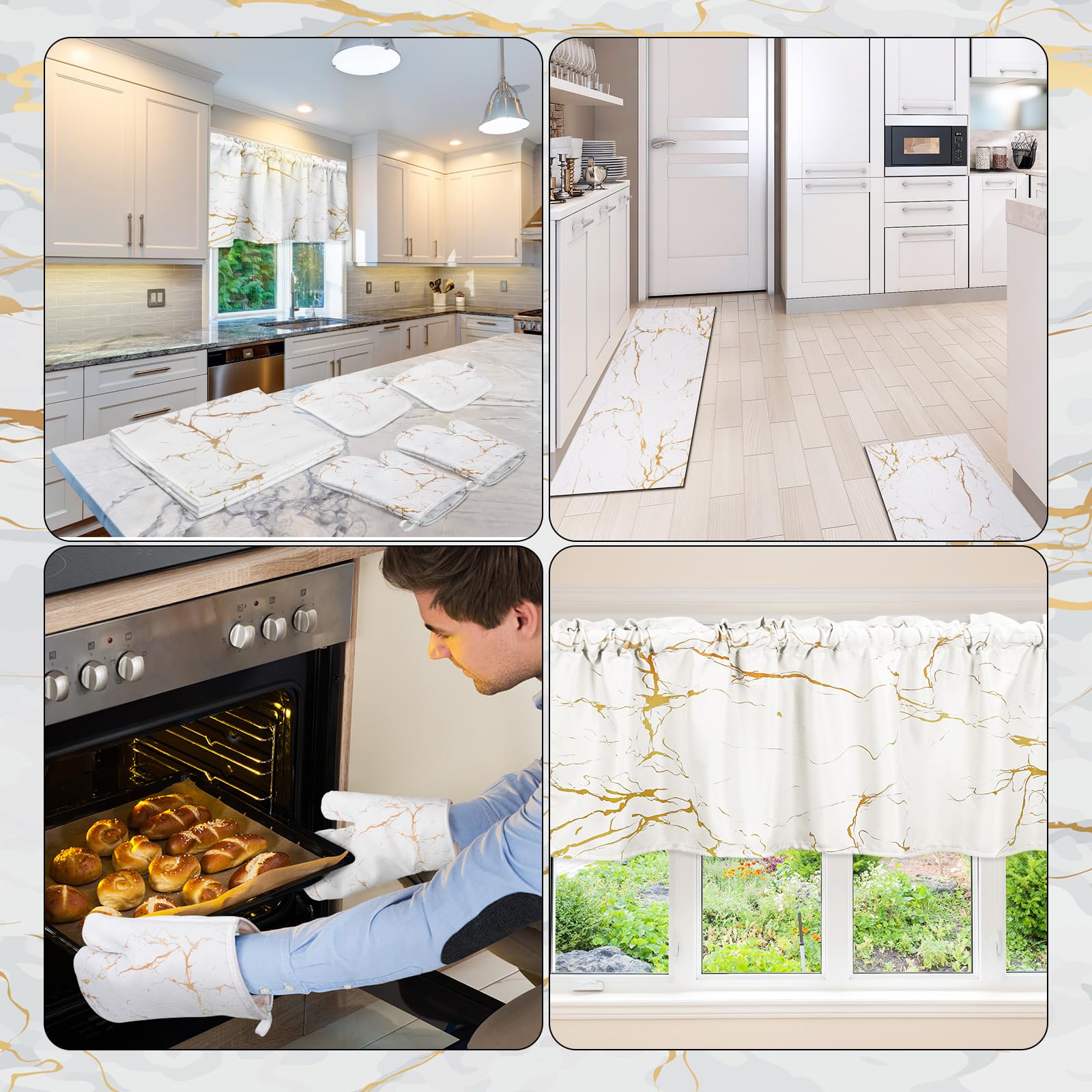 Newwiee 10-Piece Farmhouse Kitchen Decor Set - Dish Towels, Pot Holder, Oven Mitts, Non-Slip Kitchen Rugs & Window Valances - White Gold Marble Style for Holiday Cooking, Baking & Home Decor