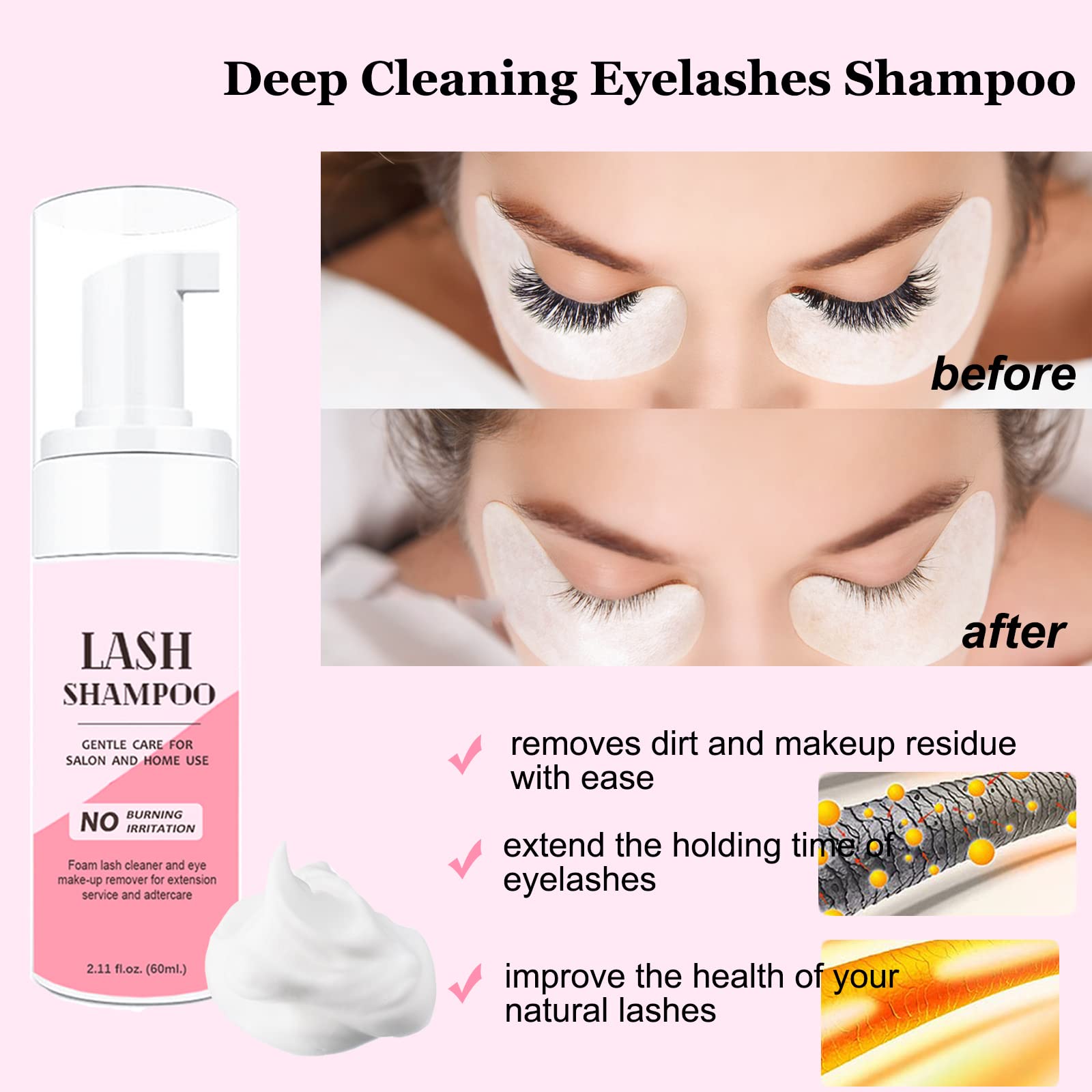 50ml Eyelash Extension Cleanser & Lash Shampoo Kit - Includes 50pcs Eyelash Brushes, Cleaning Brushes, Makeup Remover Pads & Rinse Bottle for Salon & Home Use (Pink) - Perfect for Lash Extension Aftercare & Gentle Cleansing