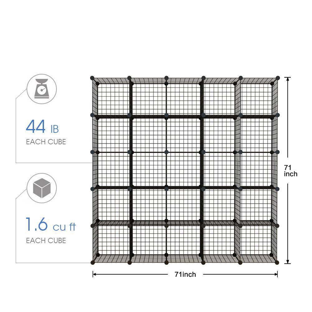 KOUSI 25-Cube DIY Wire Storage Shelf - Modular Metal Grid Organizer, Stackable Cubby Shelving for Closet, Office, Garage - Black