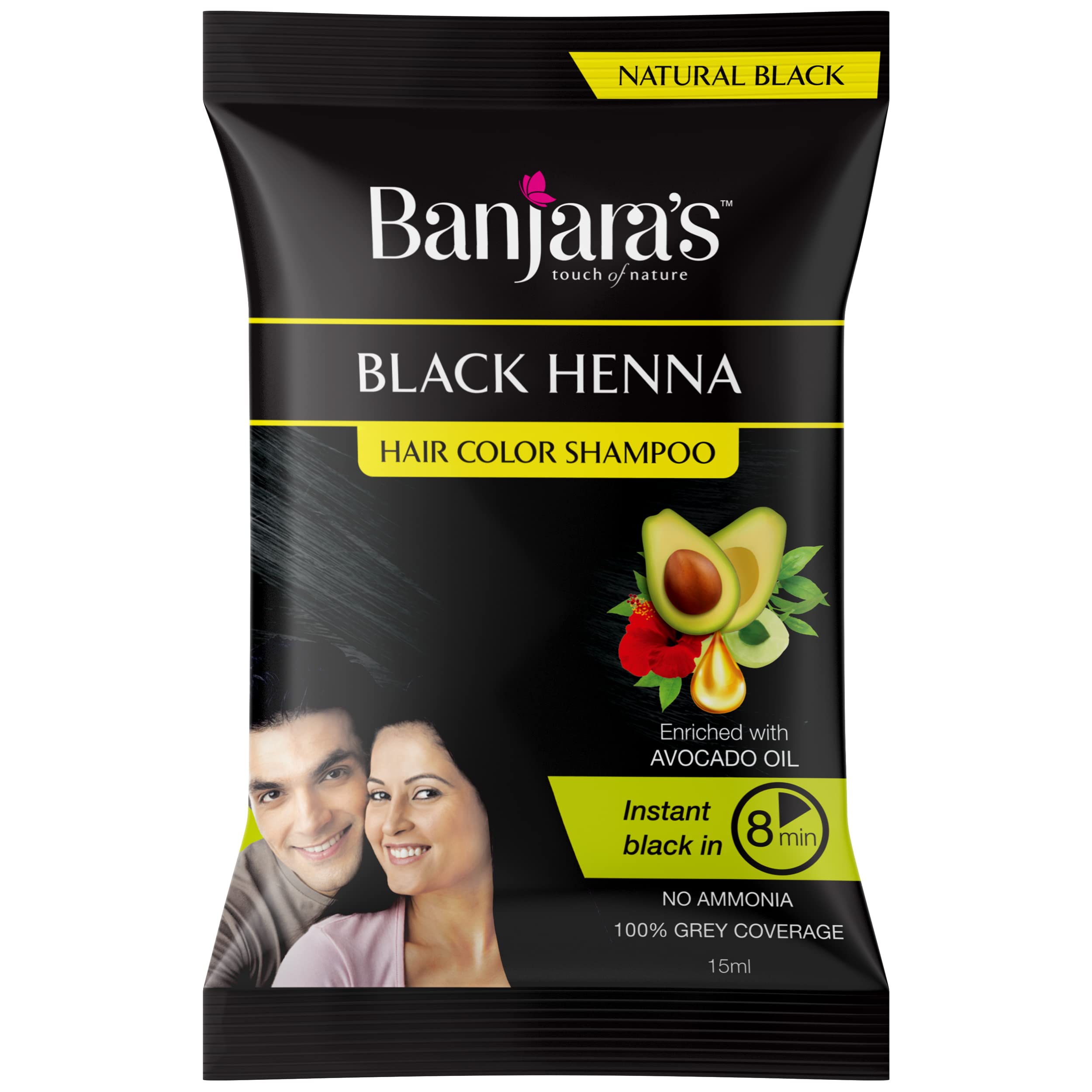 Banjara's Natural Black Henna Hair Color Shampoo - 15ml (Pack of 12) with Avocado Oil, Hibiscus, Amla & Henna Extracts | Chemical-Free Hair Dye for Gray Coverage & Shine Boost | Perfect for Home Hair Coloring & Natural Hair Care