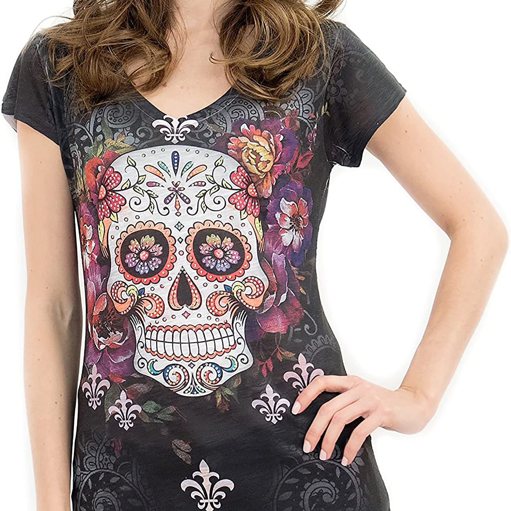 USA Made Women's Sugar Skull V-Neck T-Shirt with Rhinestone Decor - Gothic Fashion, Day of the Dead Celebration & Casual Wear