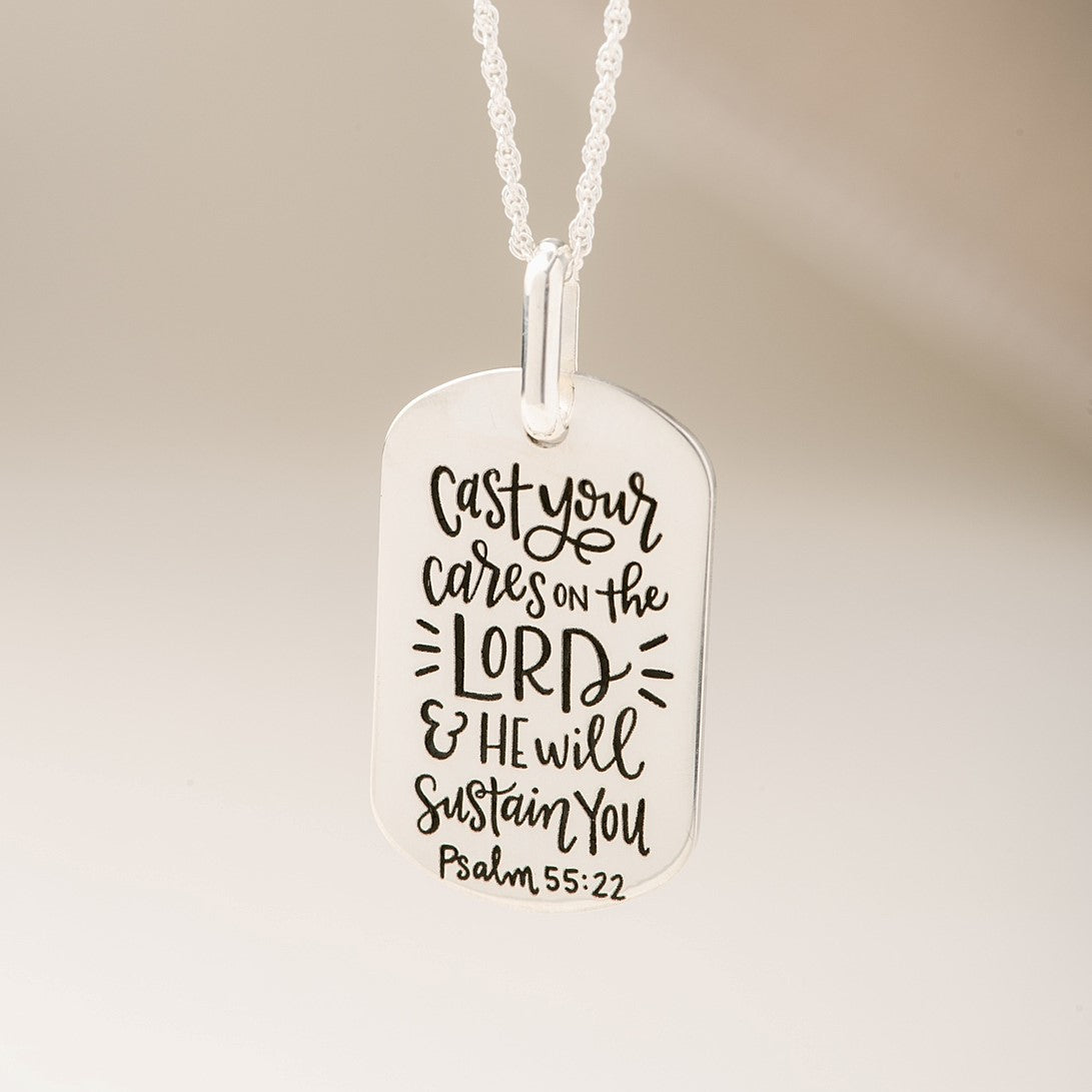 Psalm 55:22 Sterling Silver Dog Tag Pendant Necklace - Cast Your Cares - Religious Jewelry for Men & Women - Perfect for Daily Wear, Gifts & Spiritual Encouragement