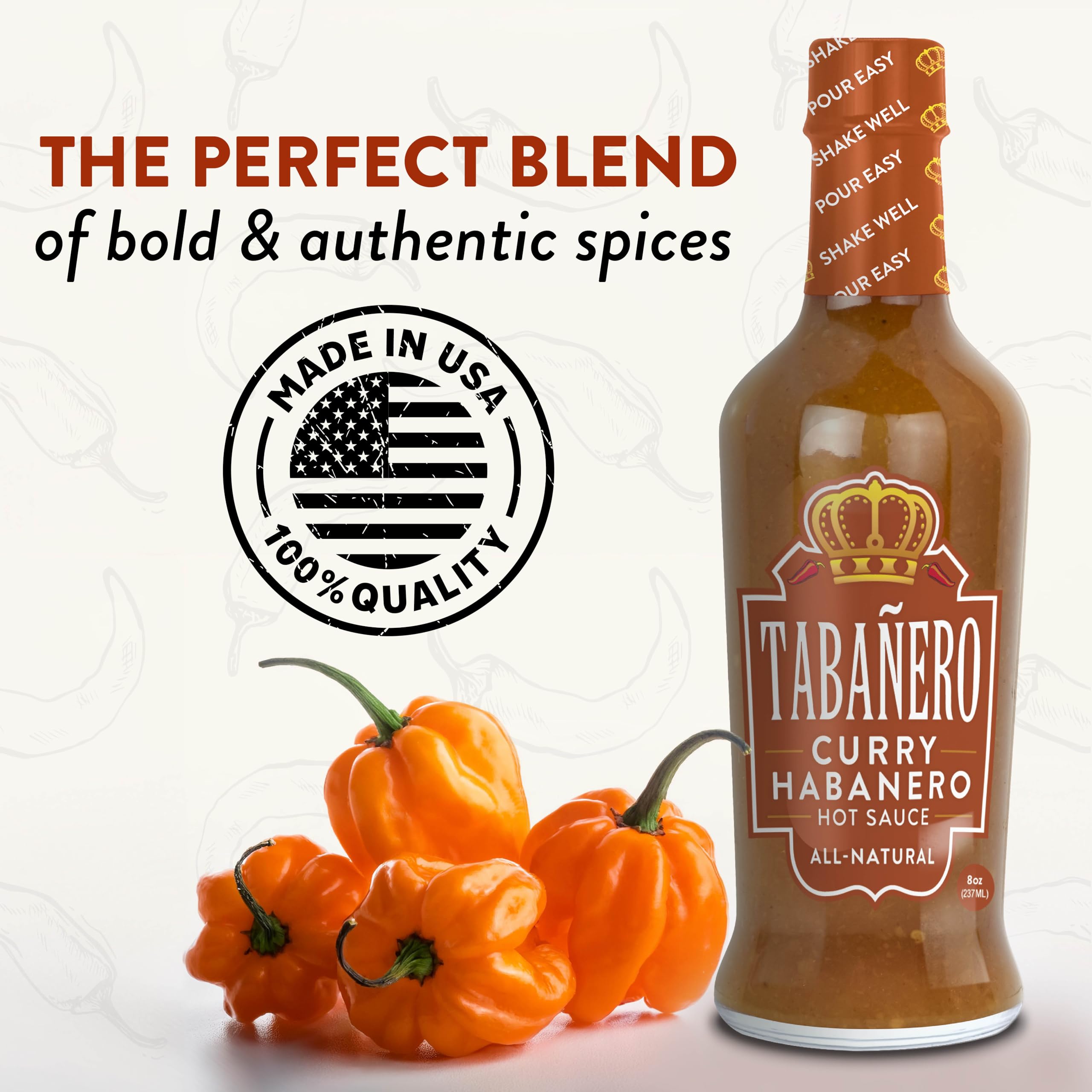 **Tabañero Habanero Hot Sauce - All Natural, Gluten Free, Low Sodium, Vegan & Kosher - Made in USA - 6-Pack (8 Oz Bottles) - Perfect for Tacos, Wings & Spicy Recipes**