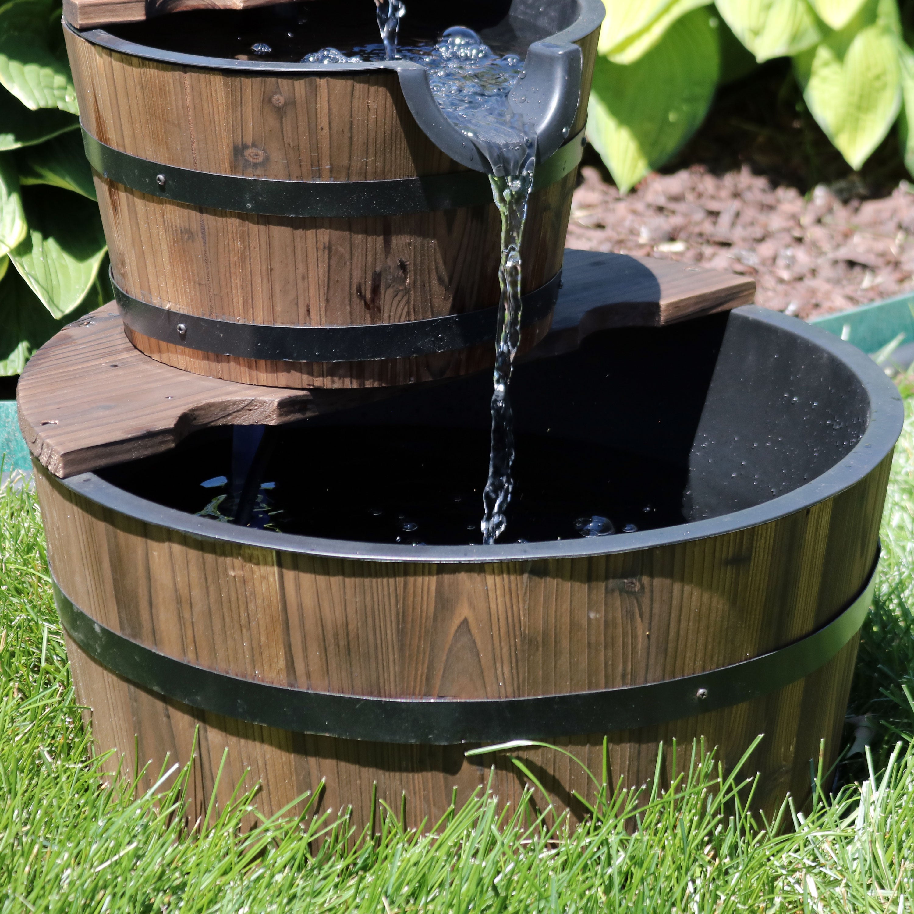 2-Tier Wooden Barrel Water Fountain with Hand Pump - Rustic Outdoor Garden Decor for Patio, Yard & Landscaping