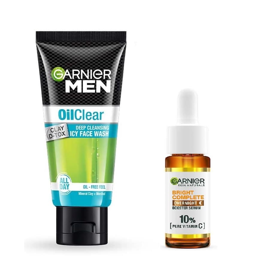 Garnier Men Oil Clear Clay D-Tox Deep Cleansing Icy Face Wash 50g & Bright Complete Overnight Serum 15ml - 2-in-1 Skincare Set for Men - Perfect for Oily Skin & Dark Spot Treatment - Morning & Night Routine