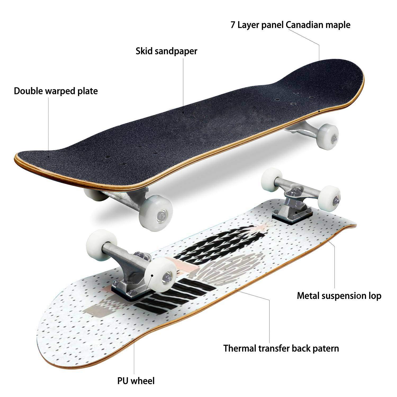 Hand-Drawn Cactus Skateboard - Black, White, Taupe & Pastel Pink Classic Concave Deck | Longboard for Beginners & Pros | Extreme Sports Gear | Cool Teen Gifts | Perfect for Street Skating, Commuting & Skatepark Tricks