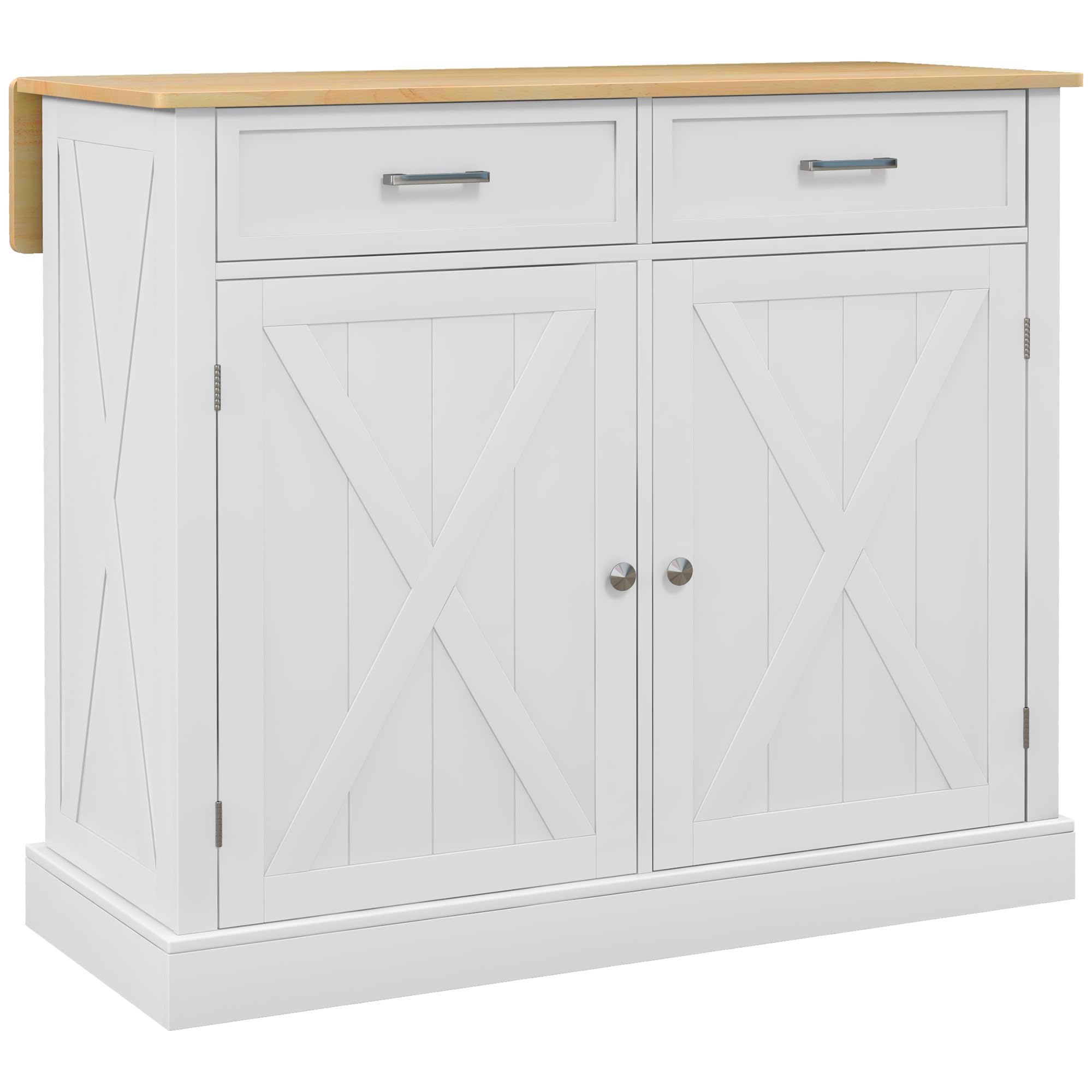 HOMCOM White Farmhouse Kitchen Island Cart with Drop Leaf Breakfast Bar, 2 Drawers & Adjustable Shelves - Rolling Kitchen Organizer for Dining Room, Small Space & Apartment Living