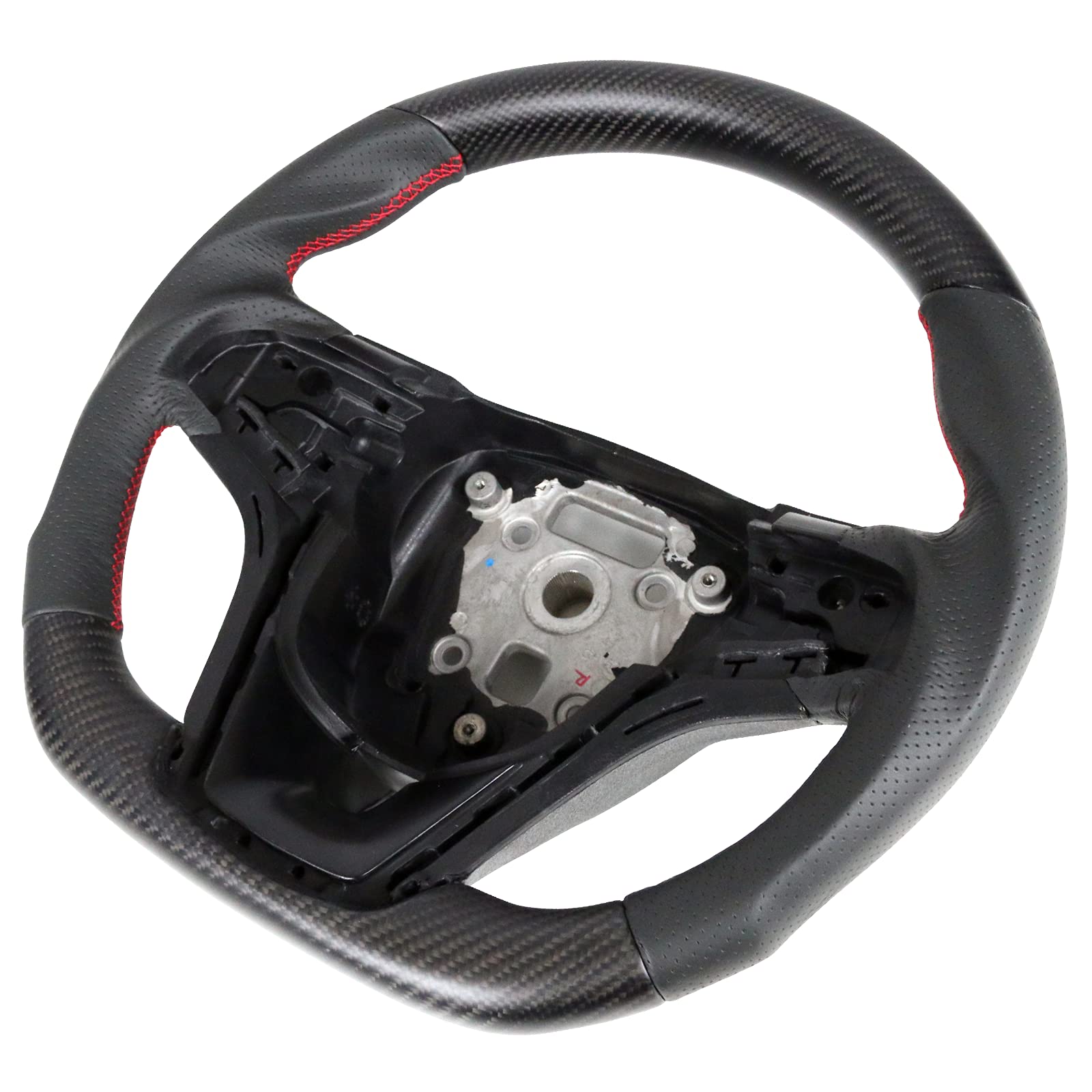 FREEMOTOR802 Matte Carbon Fiber & Perforated Leather Steering Wheel with Red Stitching - Compatible with 2012-2015 Chevrolet Camaro, Brushed Aluminum Trim Kit | Upgrade Your Ride for Sporty Driving & Luxury Feel