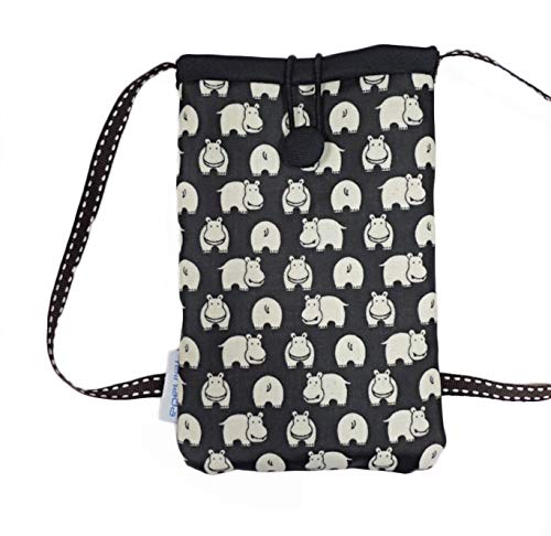 Shockproof Crossbody Phone Pouch for iPhone 16/15/14 Pro & 13 Mini, Samsung Galaxy S24/S23, Google Pixel 9/8/7 - Compact Travel Wallet with Adjustable Strap (Hippo Pattern Black) | Perfect for Daily Commute, Shopping & Outdoor Activities