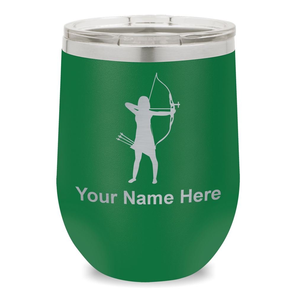Personalized Engraved Wine Glass Tumbler for Women - Archer Design, Elegant Green Stemware for Parties, Weddings & Gifts