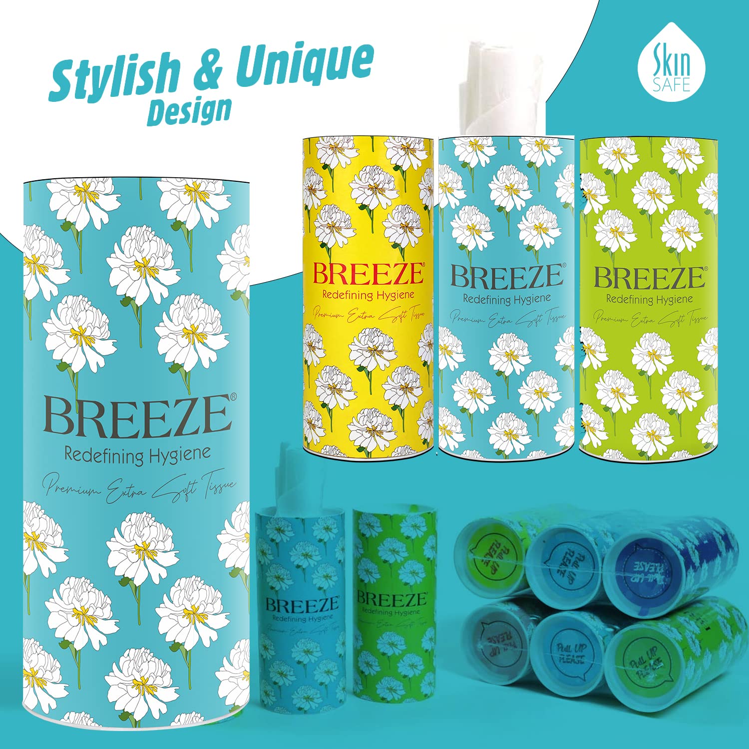 BREEZE Round Box Facial Tissues - 2-Ply, 120 Sheets per Box, 60 Pulls, 3-Pack Multicolor Rectangular Box | Soft & Strong for Home, Office & Travel Use