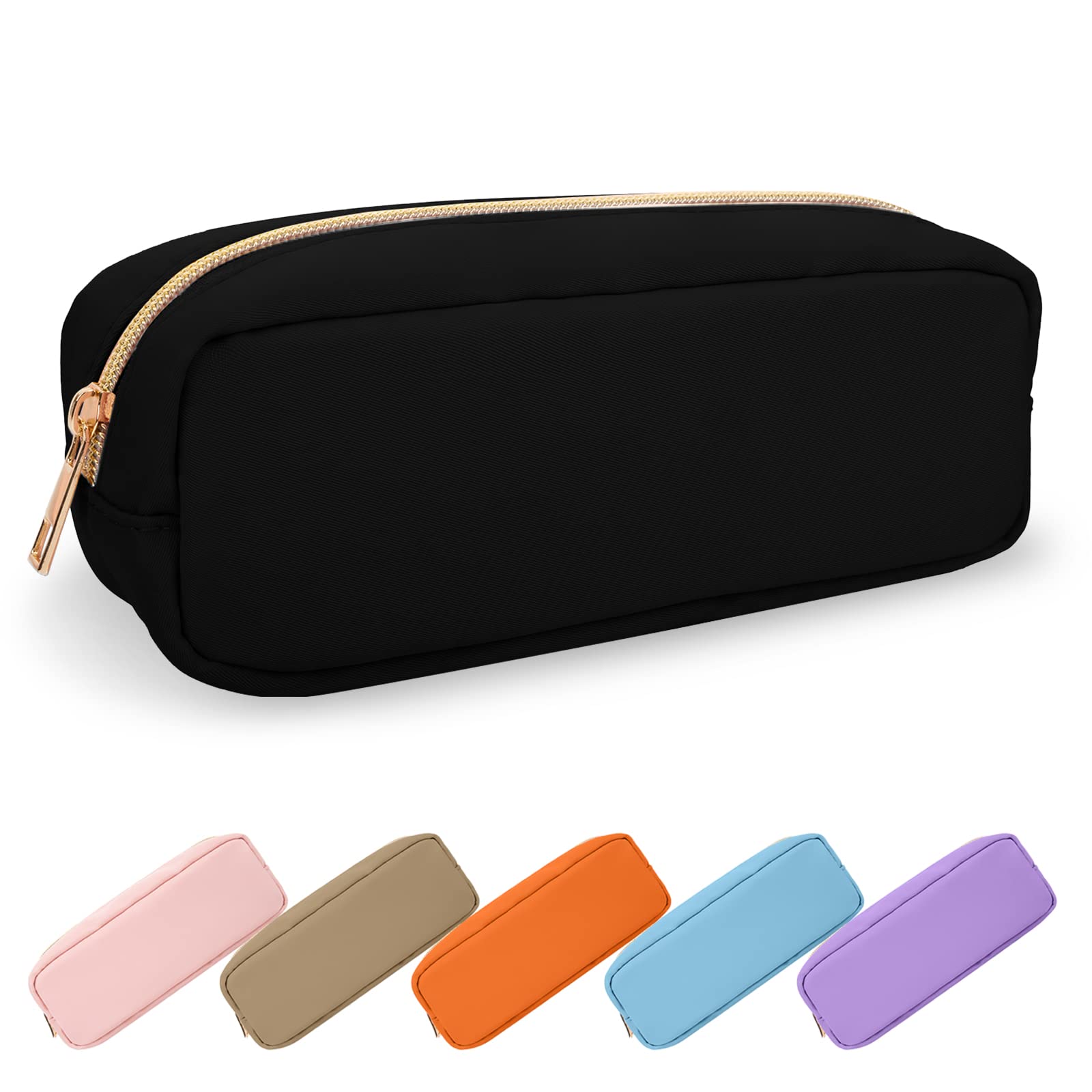 Waterproof Small Pencil Case & Makeup Bag for Purse - Cute Preppy Nylon Pouch with Zipper for Girls | Portable Storage Organizer for Pens, Brushes, Cosmetics | Perfect for School, Office, College & Travel (Slim Black)