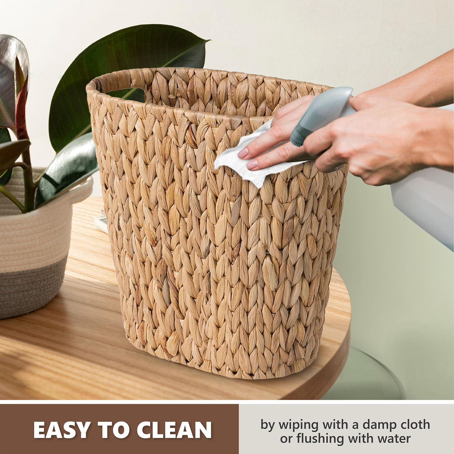 Eco-Friendly Wicker Trash Can - Handwoven Water Hyacinth Waste Basket with Built-in Handles for Bathroom, Bedroom, Office & Living Room | Small Space Storage Solution | Perfect for Home Decor & Organization (1 Pack)