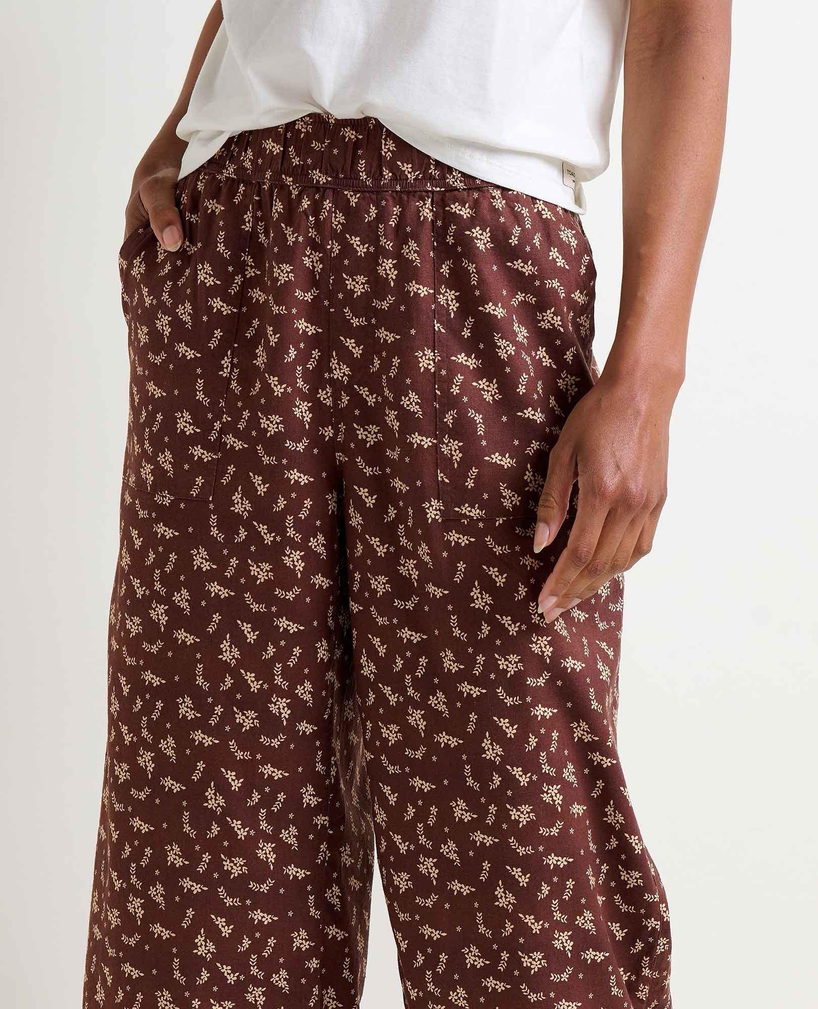 Taj Hemp Wide Leg Pants for Women - Comfortable Bohemian Floral Print Linen Pants (Chestnut Brown) - Perfect for Yoga, Beach, and Summer Casual Wear