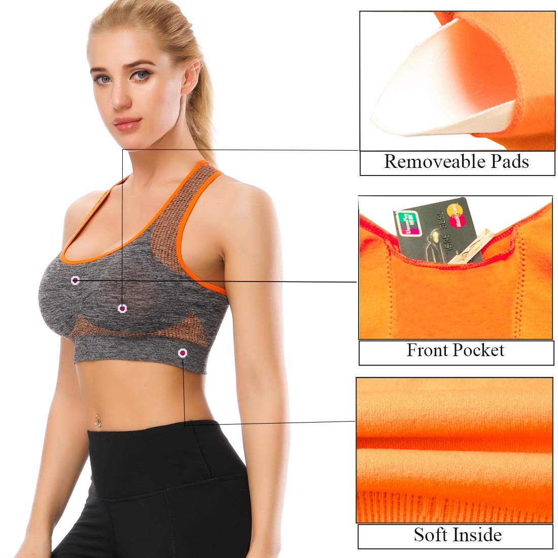TOBWIZU Women's Medium Support Sports Bras with Pocket - Yoga, Gym & Workout Activewear for Running, Training & Fitness Activities