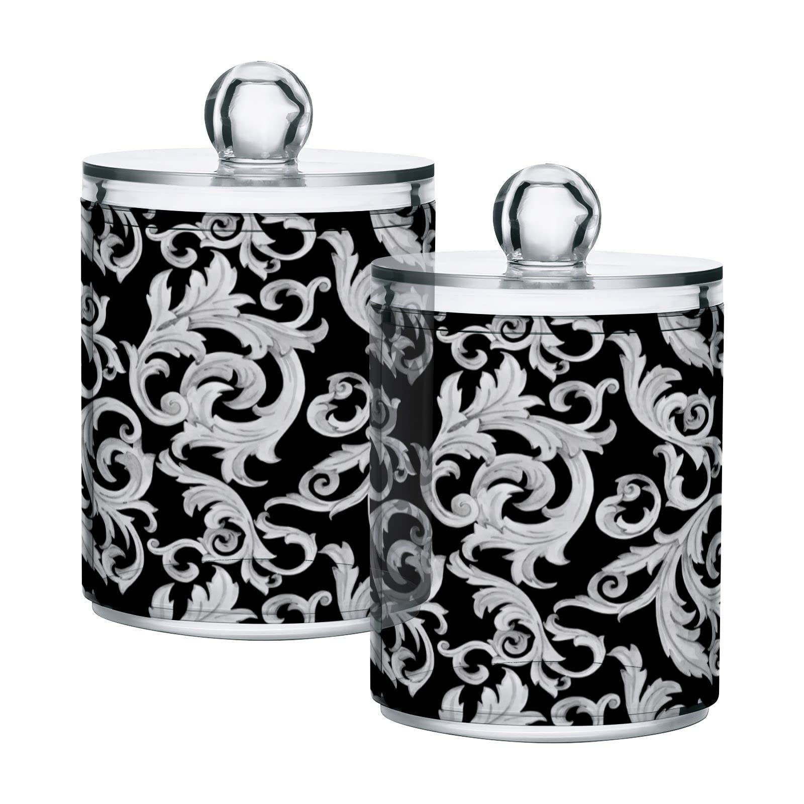 Vintage Grey Baroque Leaves Design Plastic Storage Jars with Lids - Set of 4 (10 oz) - Translucent Food Containers for Tea, Cookies, Cotton Swabs | Perfect for Kitchen Pantry Organization, Bathroom Storage & Home Decor