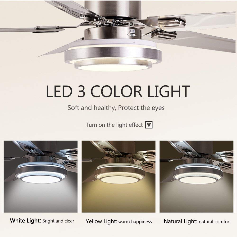 42 Inch Brushed Nickel Ceiling Fan with 5 Stainless Steel Blades, Dimmable LED Light & Remote Control - Ultra Quiet Reversible Motor for Bedroom, Dining Room & Living Room Cooling