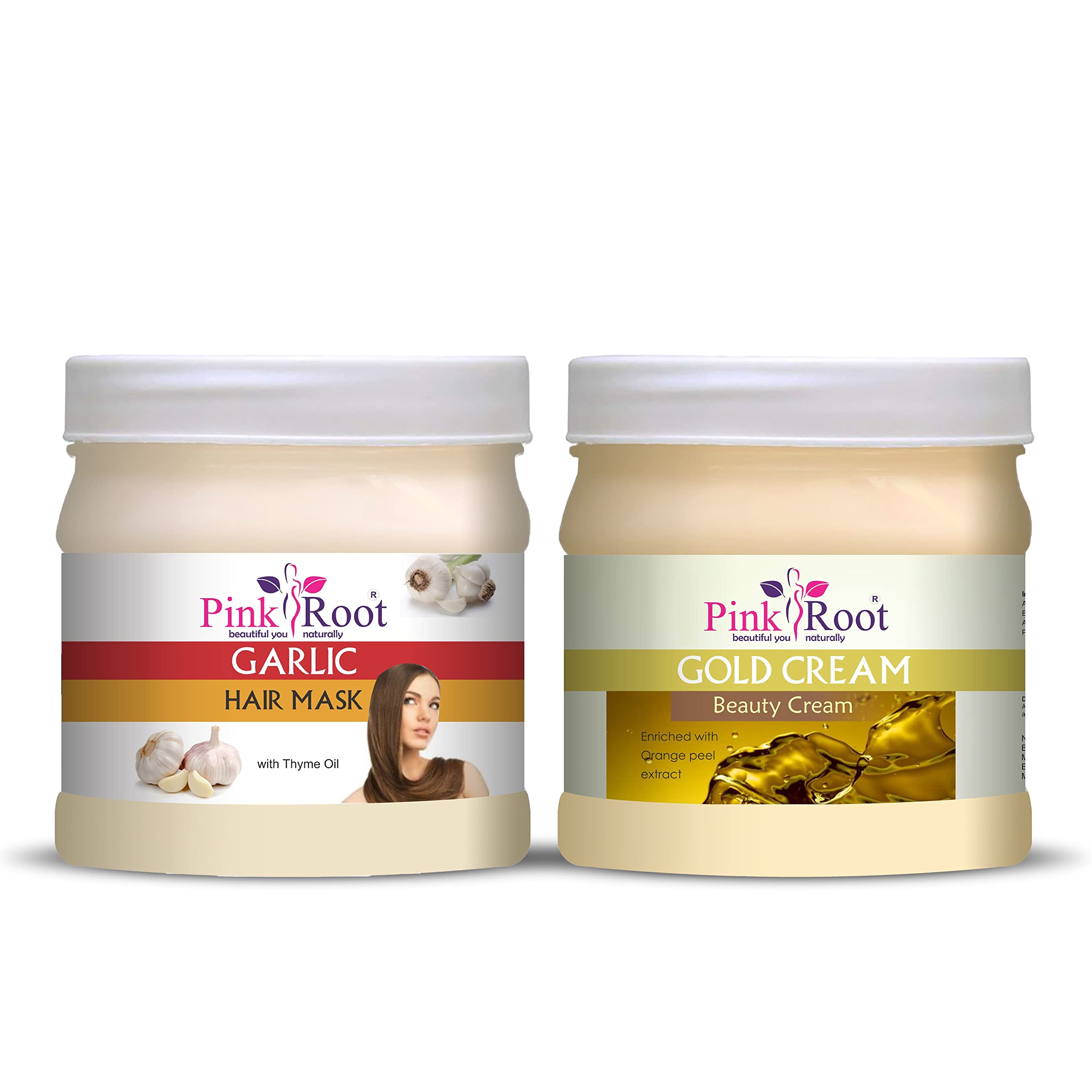 Pink Root Gold Cream 500g & Garlic Hair Mask 500g - Natural Hair Growth Treatment for Dry Damaged Hair | Deep Conditioning & Scalp Care for Women & Men | Perfect for Home Hair Spa & Daily Nourishment