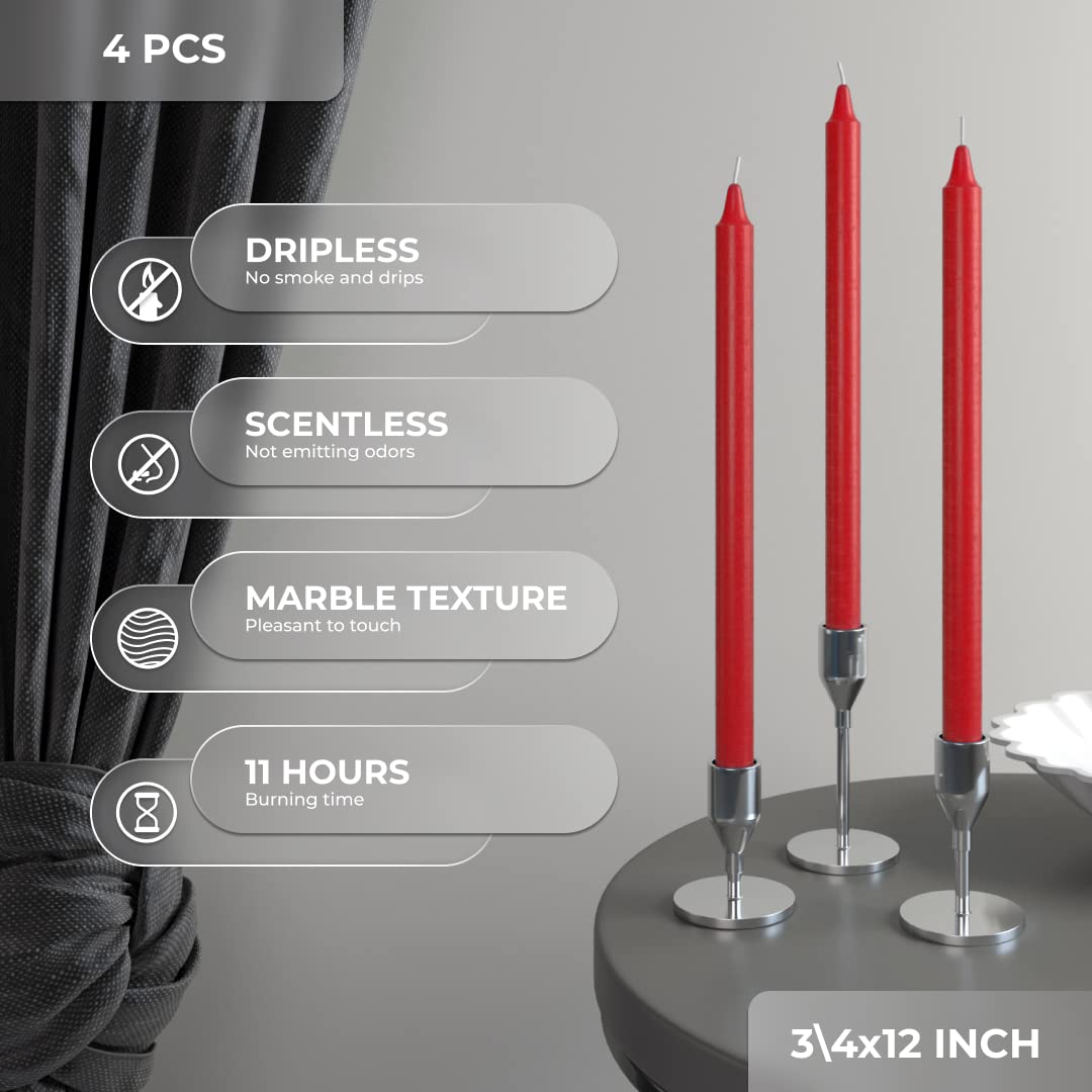 Premium Red Taper Candles 12 Inch (Pack of 4) - Unscented, Dripless & Smokeless Long Candlesticks for Romantic Dinners, Wedding Decor, Church Altars & Holiday Tablescapes - Slow Burning Dinner Candles