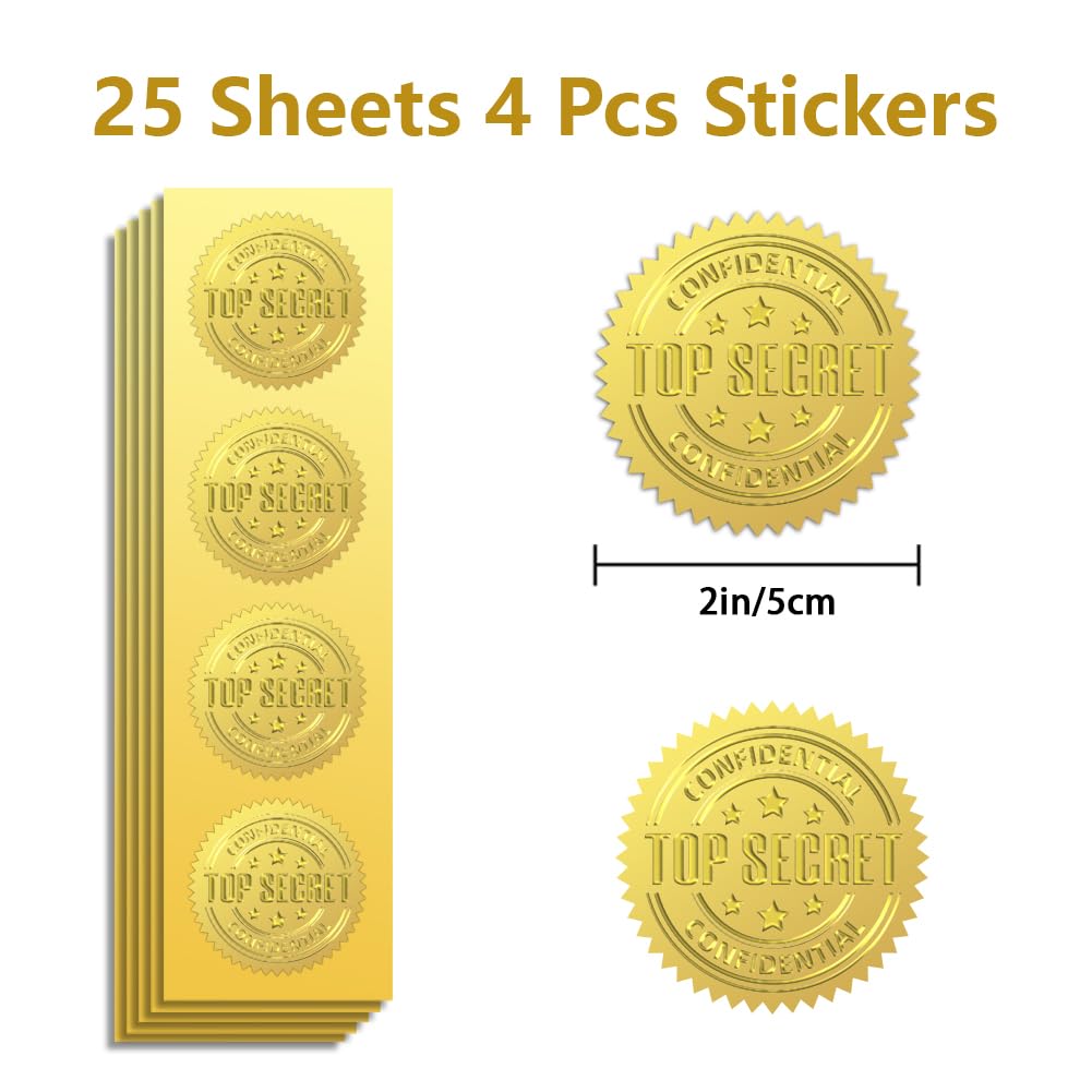 Premium Gold Foil Stickers - 2 Inch Embossed Confidential Seals (100Pcs) - Self-Adhesive Security Labels for Secret Documents, Envelopes & Packages - Perfect for Office Use, Legal Files & Diplomatic Correspondence