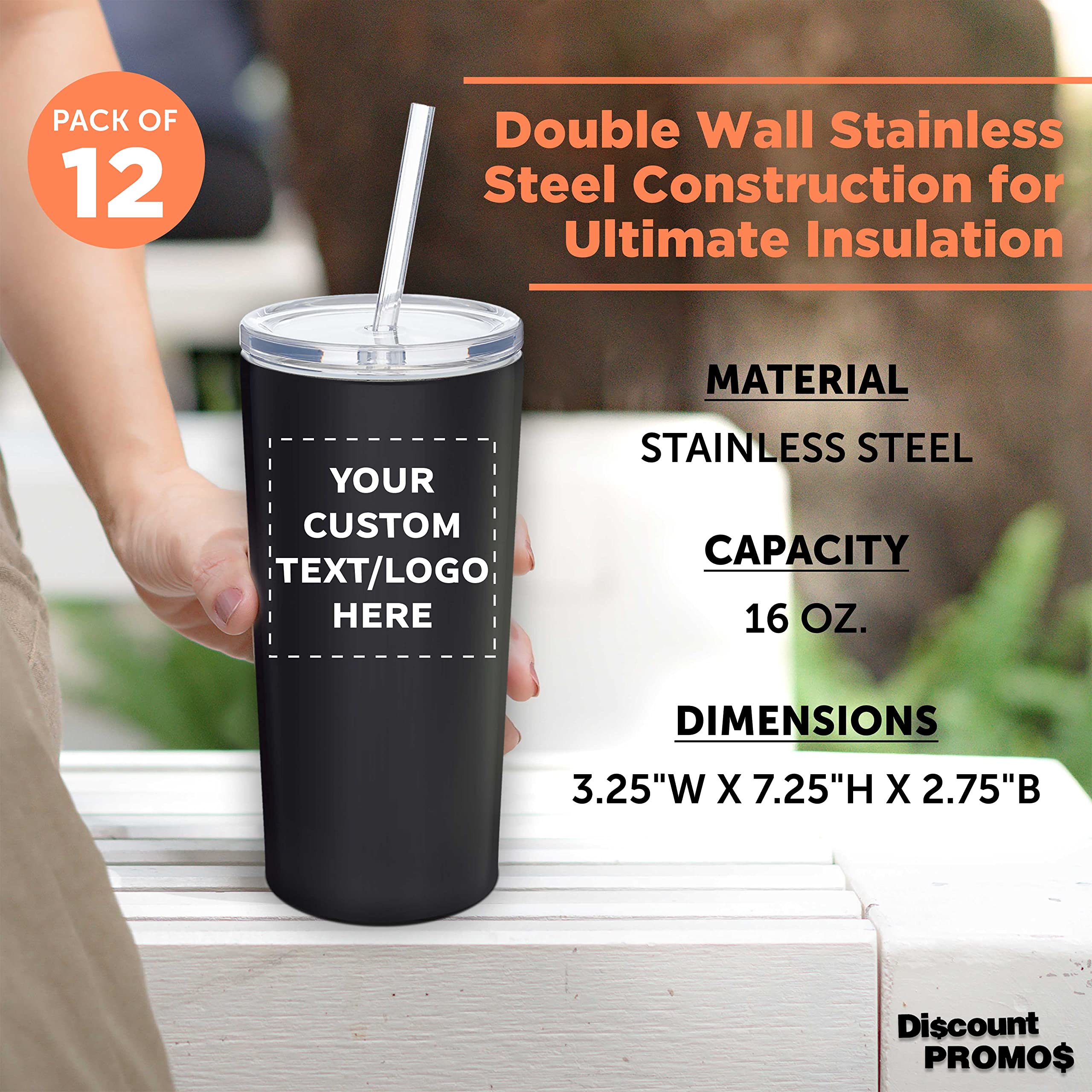 12 Pack Mira Stainless Steel Tumblers with Straws - 16oz Double Wall Insulated Cups - Custom Text/Logo Printing - BPA-Free Tritan Lid - Perfect for Office, Gym & Outdoor Activities - Black
