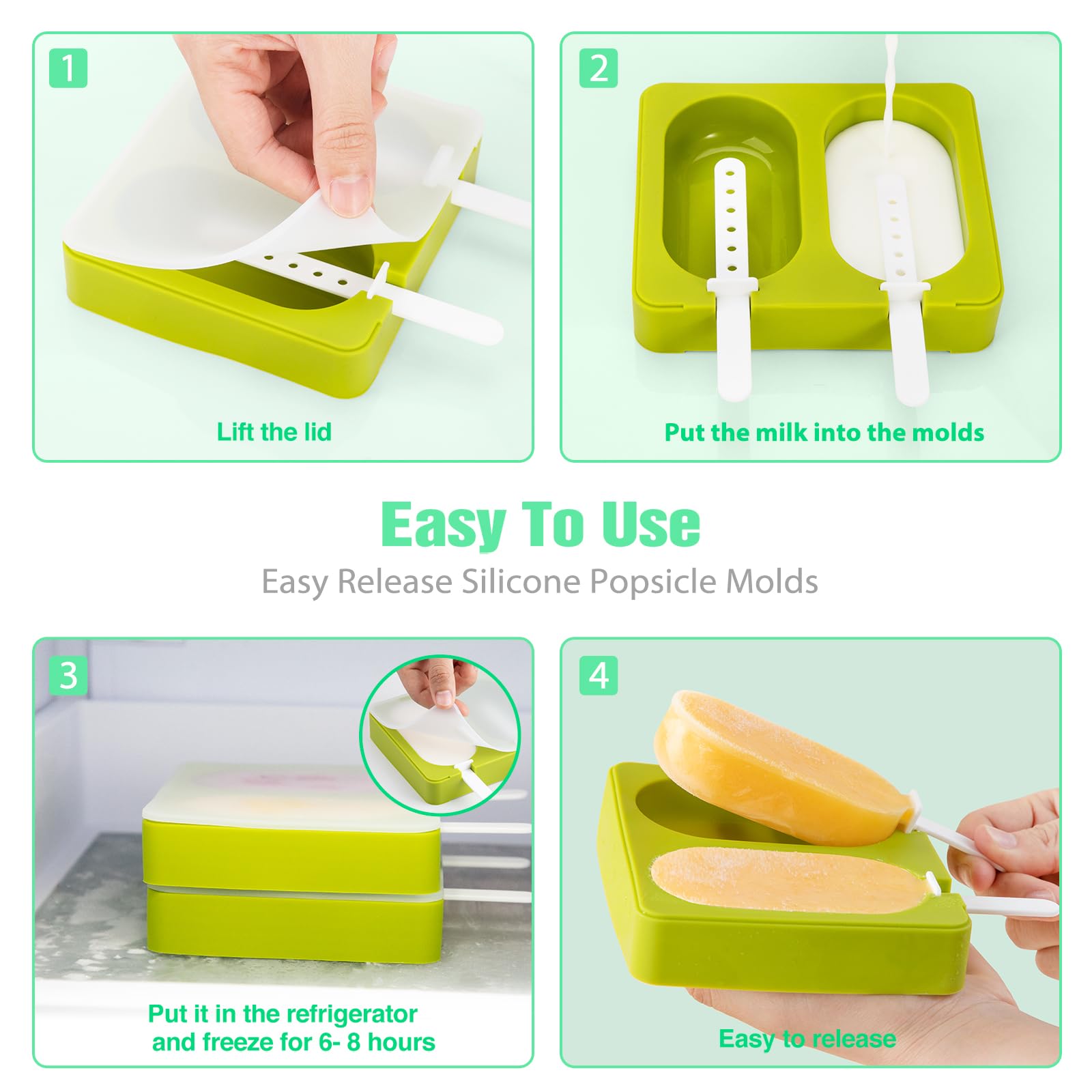 BPA-Free Silicone Popsicle Molds Set of 2 - Reusable, Dishwasher Safe Ice Pop Maker with Easy Release (Green) - Perfect for Homemade Frozen Treats, Kids Snacks, and Summer Parties