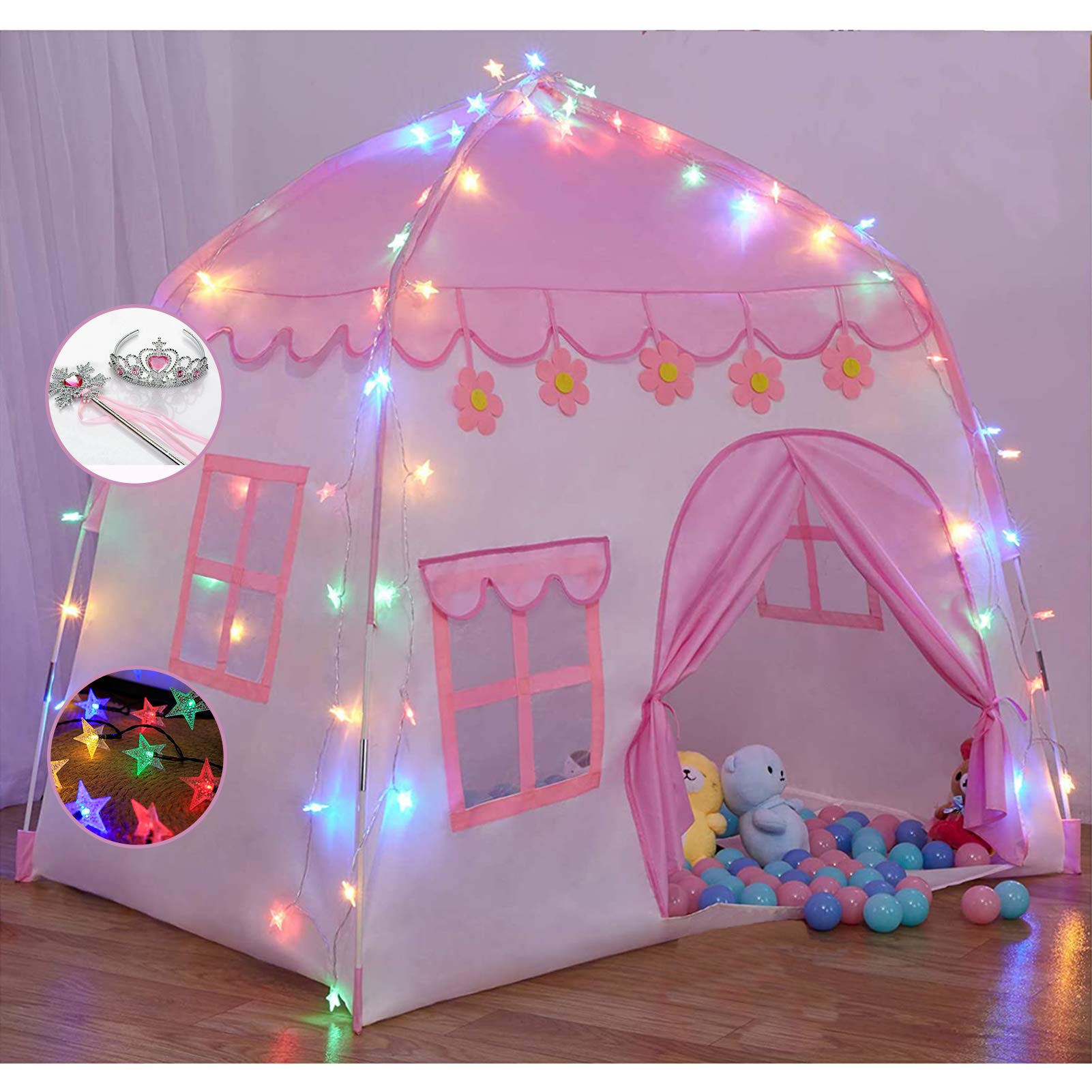 TTLOJ Pink Princess Castle Play Tent for Girls - Large Fairy Playhouse Toy for Toddlers & Kids, Indoor Outdoor Teepee Tent for Imaginative Play (Ball Lights NOT Included) - Perfect for Bedrooms, Playrooms, Backyards & Birthday Gifts
