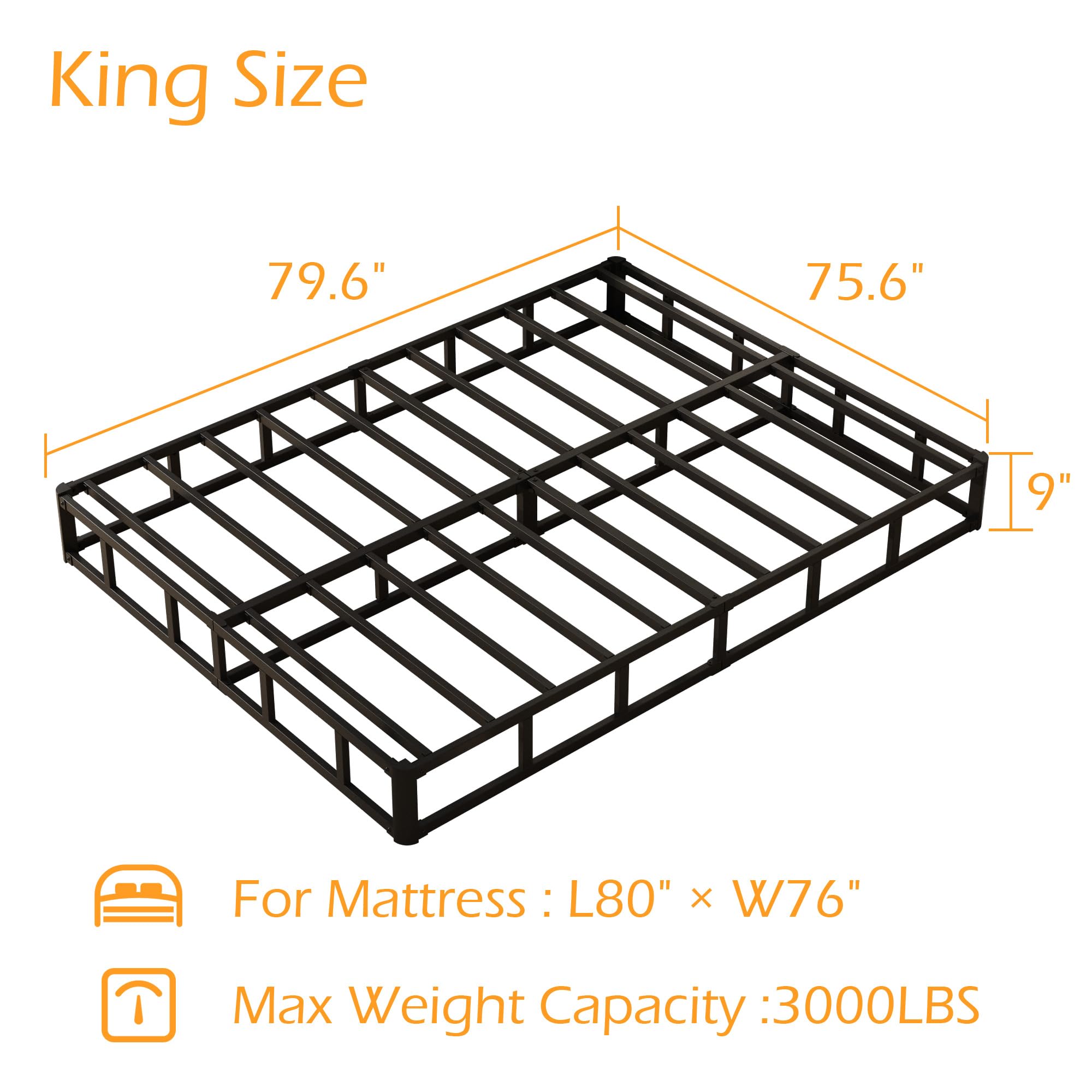 9 Inch Heavy Duty King Box Spring - Metal Bed Base with Fabric Cover, Noise Free Mattress Foundation for Easy Assembly | Perfect for Bedroom, Guest Room & Dorm Use