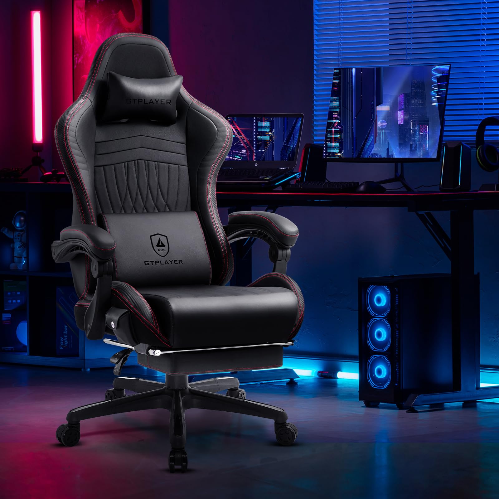 GTPLAYER Ergonomic Gaming Chair with Bluetooth Speakers & Footrest - High Back Reclining Computer Game Chair for Adults & Kids, Adjustable Linkage Armrests (Red) - Perfect for PC Gaming, Office Work & Home Entertainment