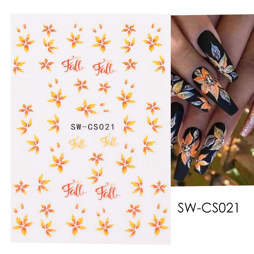 **Fall Nail Stickers - 8 Sheets Autumn Nail Decals with 3D Self-Adhesive Maple Leaf, Ginkgo & Gold Yellow Leaves - Acrylic Nail Art Designs for Women, Girls & Kids - Perfect for Thanksgiving, Halloween & Seasonal Manicures**