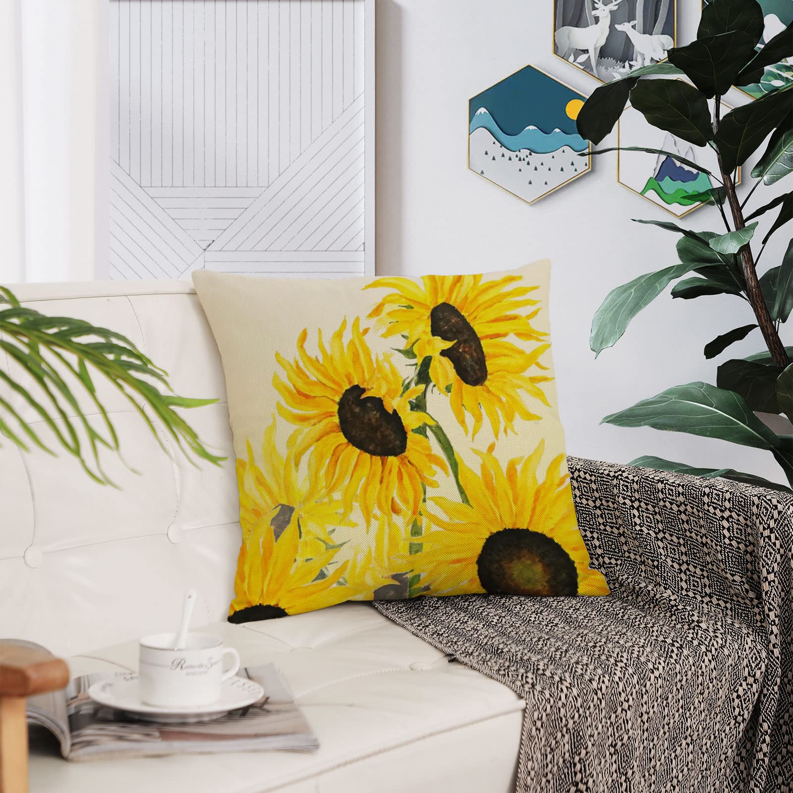 YeeJu Set of 4 Sunflower Decorative Throw Pillow Covers - 20x20 Inch Square Cotton Linen Floral Cushion Covers for Sofa, Couch & Outdoor Furniture - Perfect for Living Room, Patio and Summer Home Decor