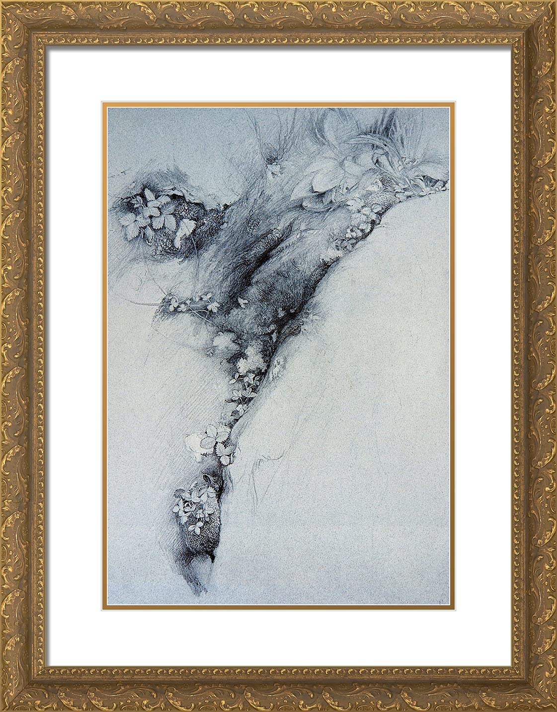 John Ruskin Moss and Wild Strawberry 19x24 Gold Ornate Framed Art Print with Double Matting - Vintage Botanical Wall Decor for Living Room, Bedroom & Office