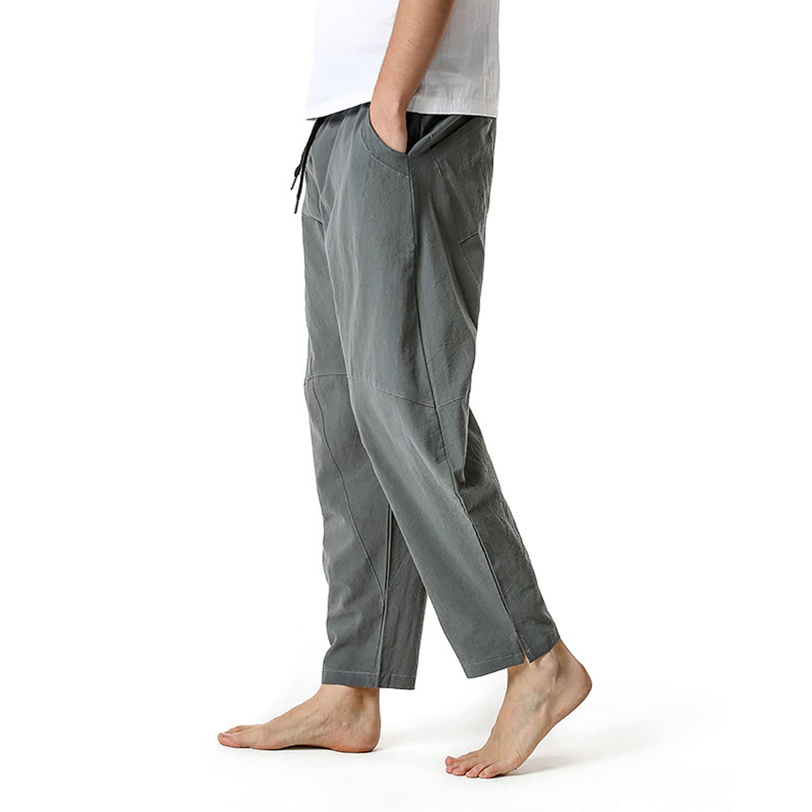 Muscularfit Men's Khaki Casual Pants - Loose Fit Drawstring Elastic Waist Cotton Linen Lounge Work Utility Trousers 2023 | Comfortable Home Wear & Outdoor Activities