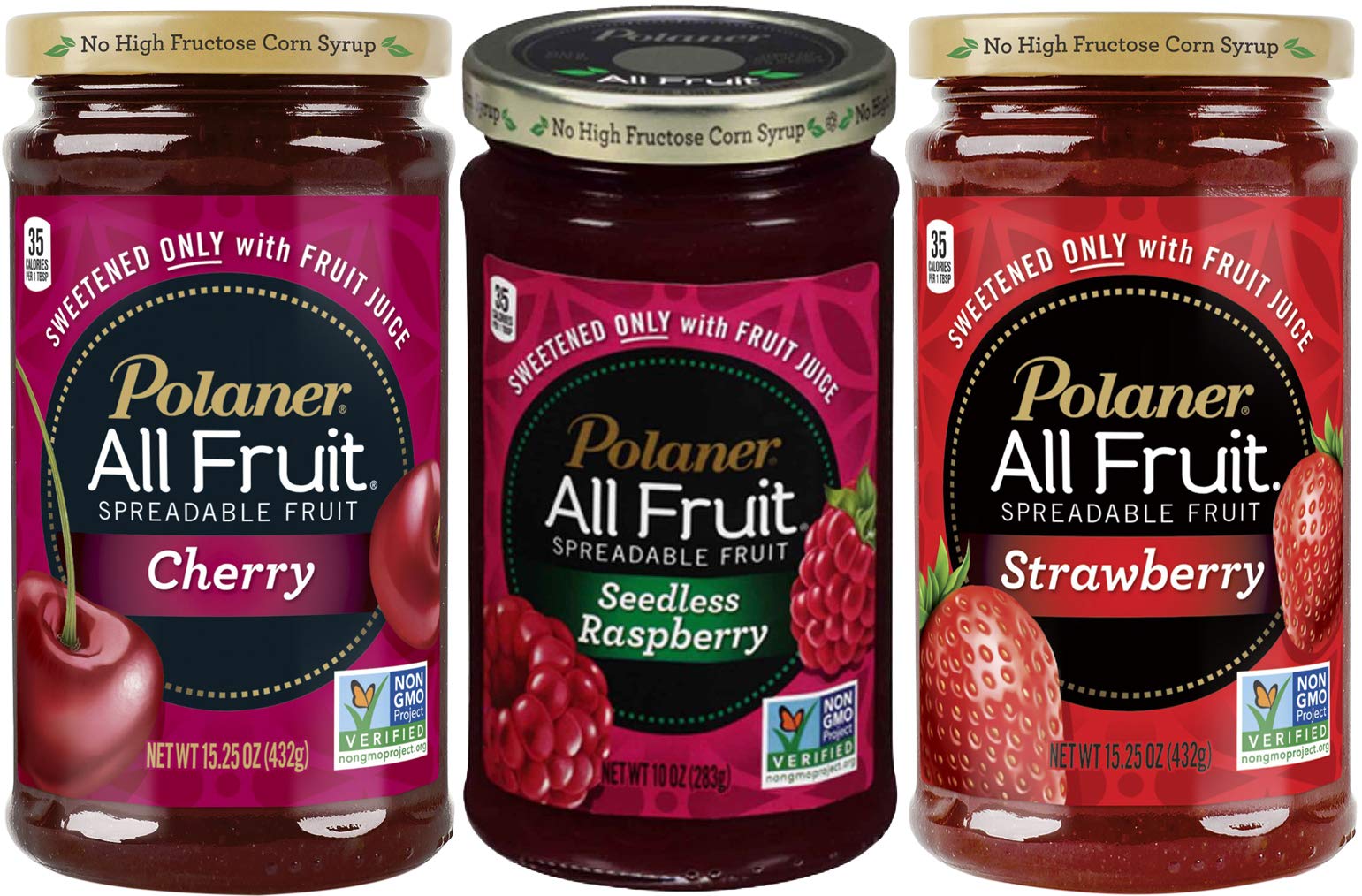 Polaner All Fruit Spreadable Fruit Variety Pack - Strawberry, Raspberry, Cherry, Sweetened Only With Fruit Juice, 10oz Glass Jar (Pack of 3, Total 30oz) - Perfect for Toast, Yogurt & Healthy Snacks