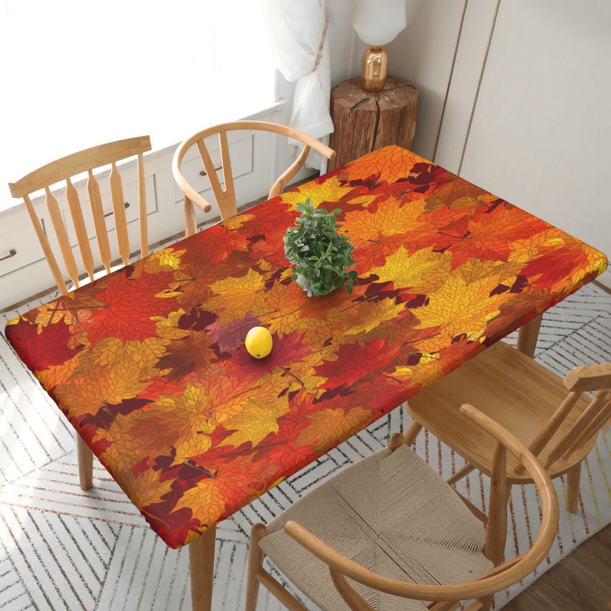 Fall Maple Leaves Elastic Tablecloth - 60x30 Inch Washable Fitted Dining Table Cover for Thanksgiving, Outdoor Wedding & Party Decor | Perfect for Autumn Gatherings, Holiday Dinners and Seasonal Home Decoration