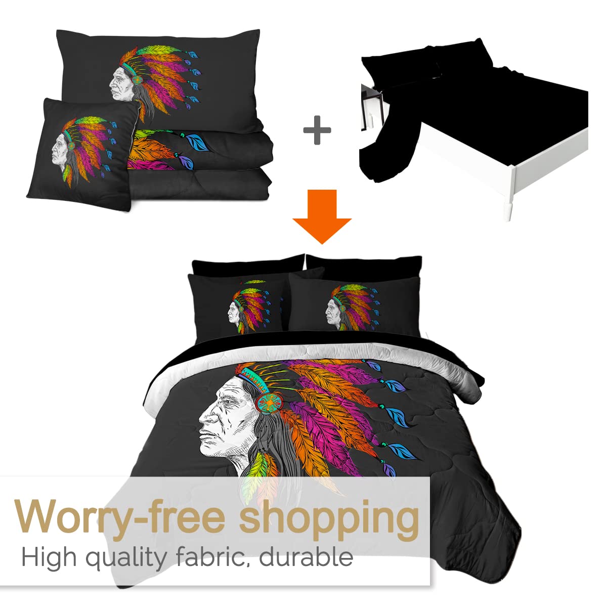 BlessLiving Native American King Comforter Set - 8 Piece Indian Chief Bedding Set with Comforter & Sheets in Black & Colorful Feather Design | Perfect for Southwest, Bohemian & Tribal Themed Bedrooms