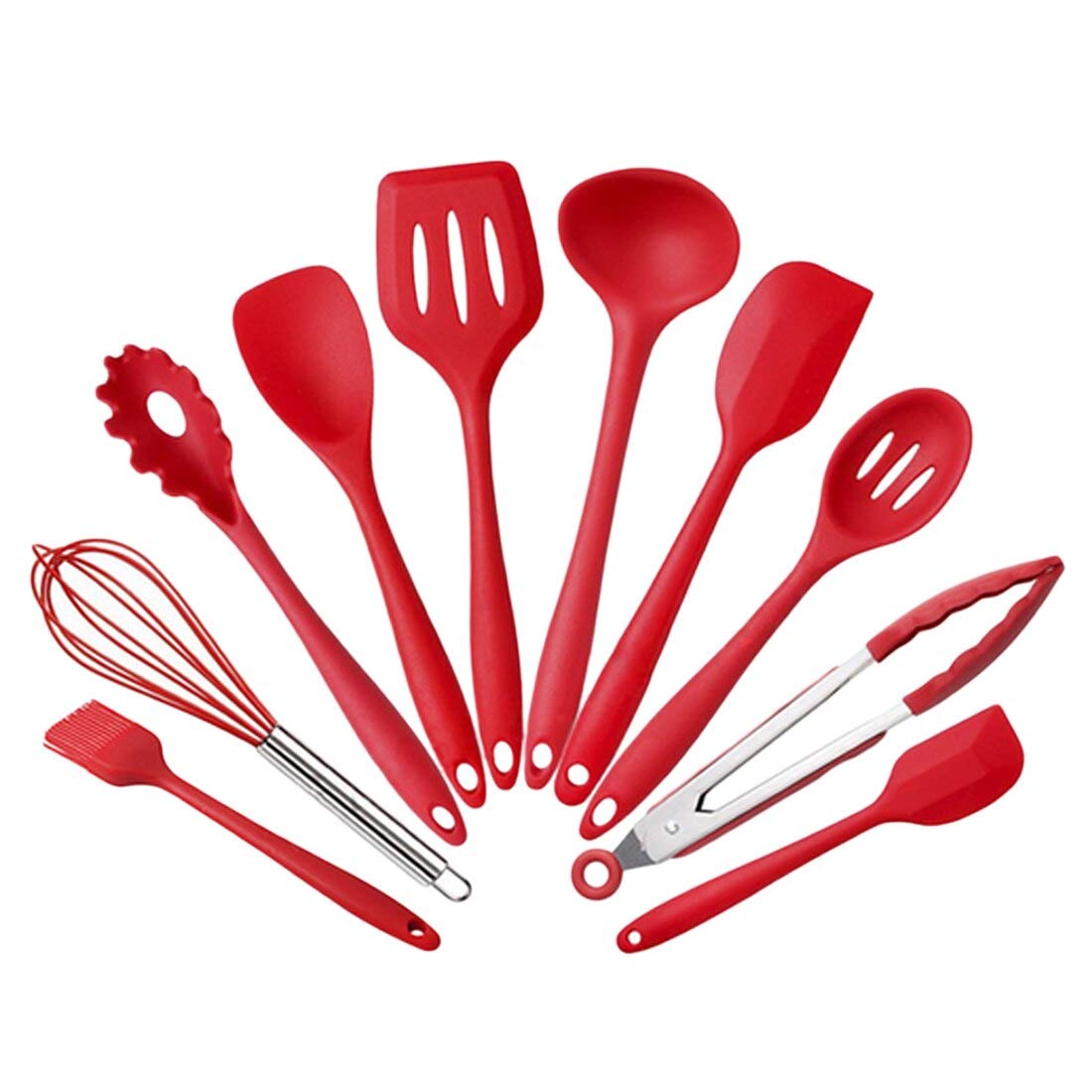 10-Piece Heat Resistant Silicone Cookware Set - Non-Stick Kitchen & Baking Utensils for Cooking, Baking, Grilling - Red (Perfect for Oven, Stovetop & BBQ Use)