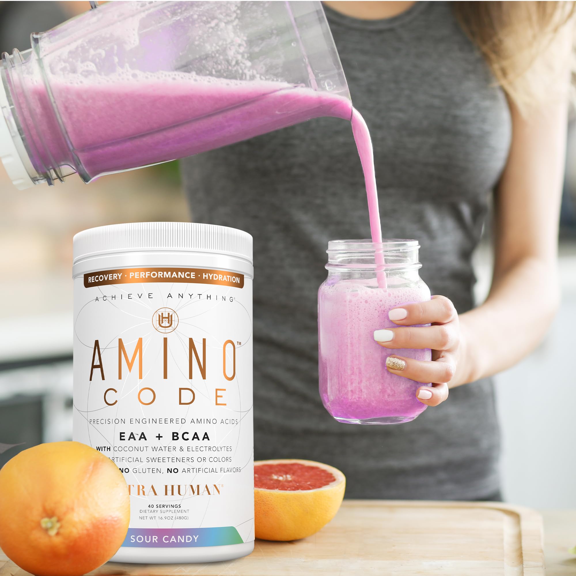 Amino Code | Essential Amino Acids + BCAAs + Coconut Water Electrolytes Powder | Fast Hydration & Workout Recovery Drink Mix | Clean Formula, 40 Servings - Sour Candy Flavor | Pre-Workout, Post-Workout & Daily Hydration Supplement