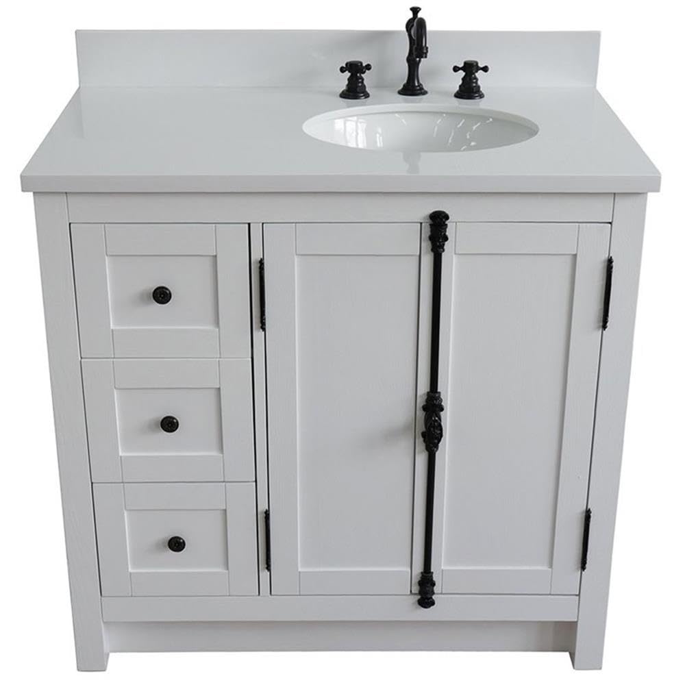 White/Glacier Ash Plantation Solid Wood Bathroom Vanity with Right Oval Sink - Perfect for Modern Farmhouse, Coastal, or Traditional Bathroom Decor